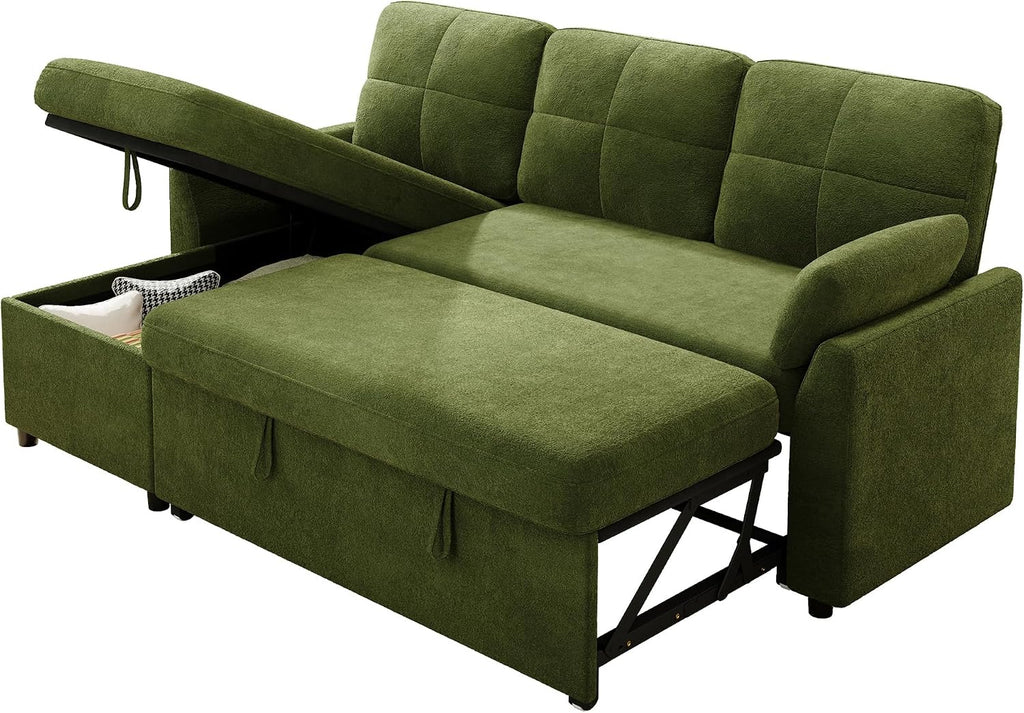 Jocisland Sofa Bed, Sleeper Sofa with Storage Chaise, Convertible Couch Bed with Pull Out Couch, l Shaped for Living Room, Linen Geen