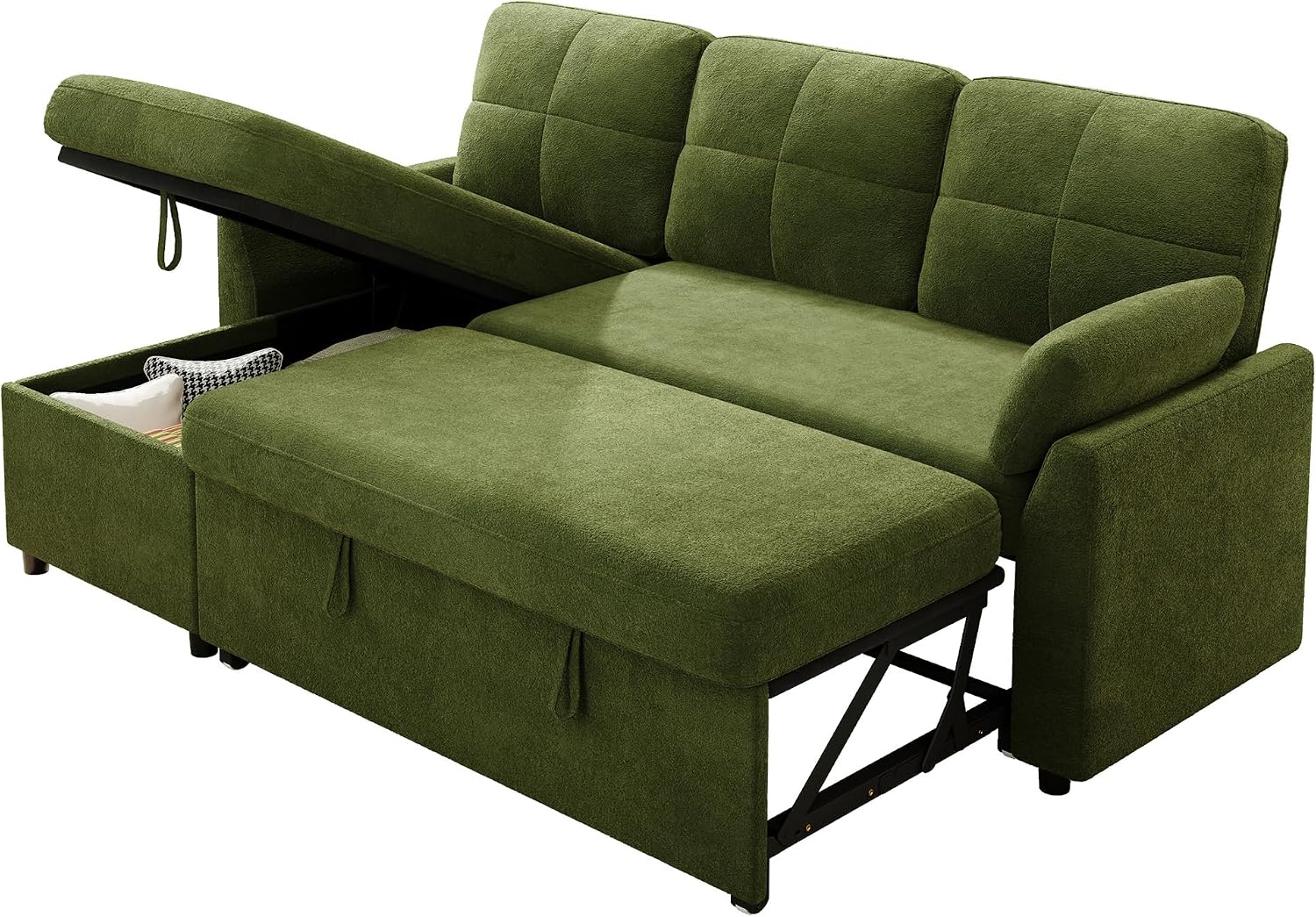 Jocisland Sofa Bed, Sleeper Sofa with Storage Chaise, Convertible Couch Bed with Pull Out Couch, l Shaped for Living Room, Linen Geen