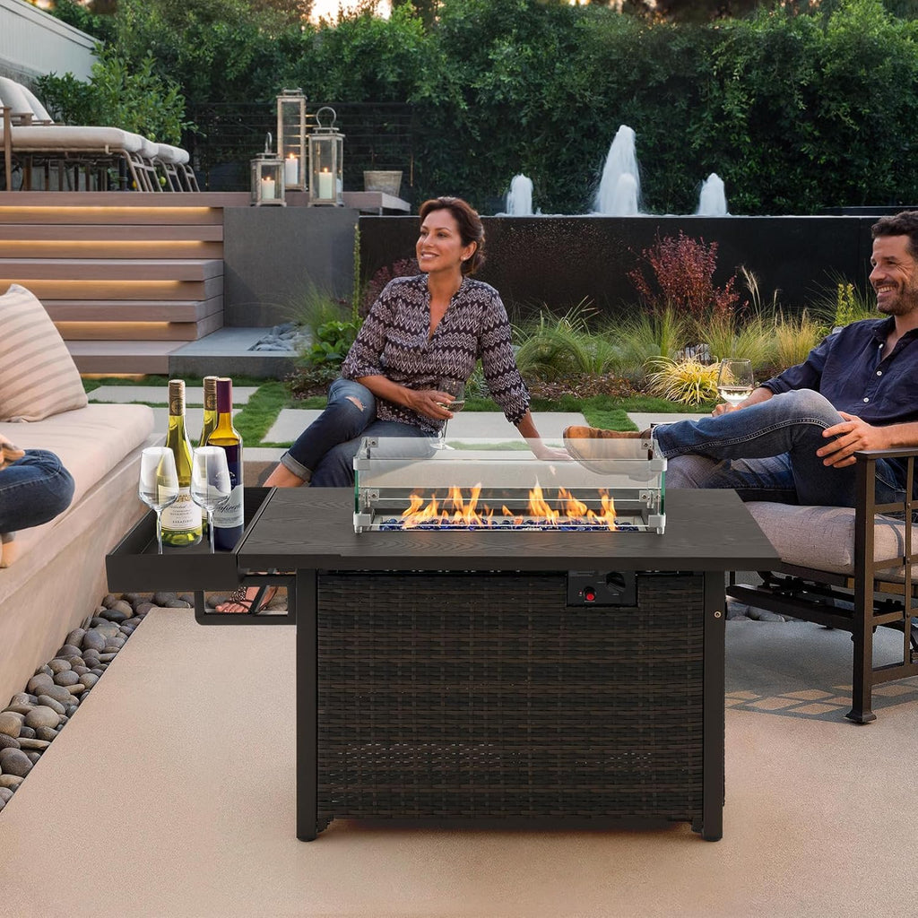 Tangkula Patio Propane Fire Pit Table, 52 Inch Wicker Gas Fire Pit with Wind Guard & Extended Shelf, 50,000 BTU Heat Output, Rectangular Fire Table with Blue Fire Stone & Waterproof Cover (Brown)