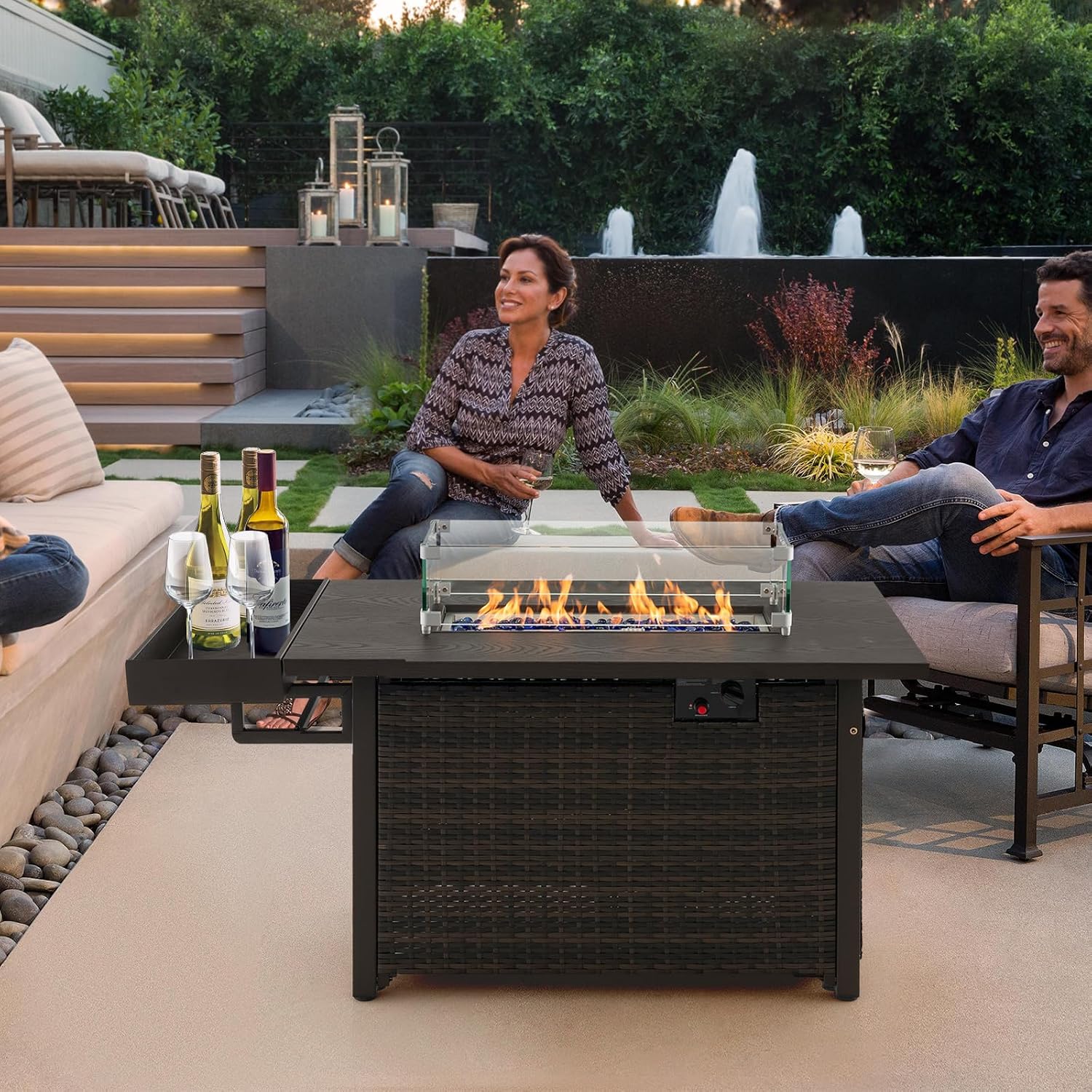 Tangkula Patio Propane Fire Pit Table, 52 Inch Wicker Gas Fire Pit with Wind Guard & Extended Shelf, 50,000 BTU Heat Output, Rectangular Fire Table with Blue Fire Stone & Waterproof Cover (Brown)