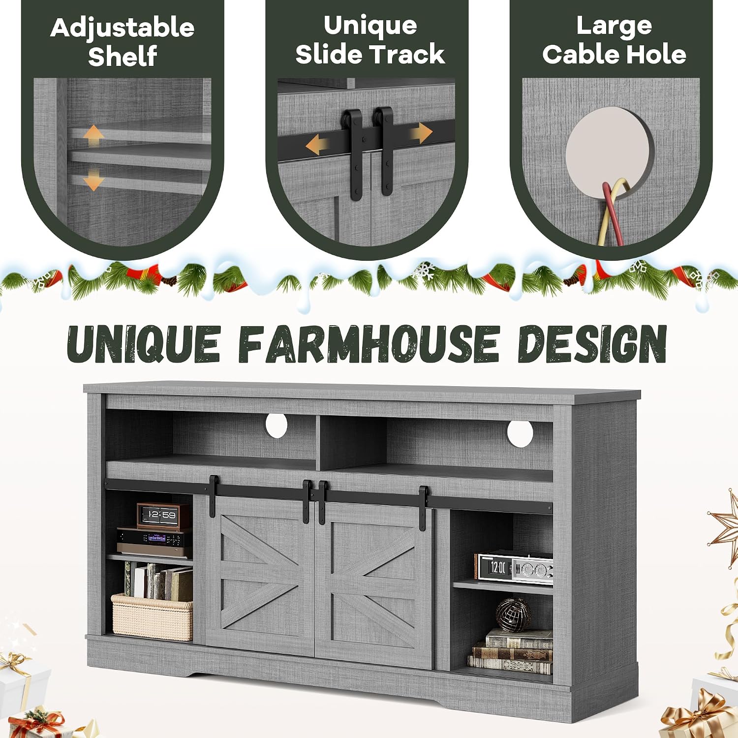 YESHOMY Fireplace TV Stand for Television up to 65+ Inch with Storage and Farmhouse Sliding Barn Doors, Entertainment Center with Cabinet and Shelves, Media Console for Living Room, Gray