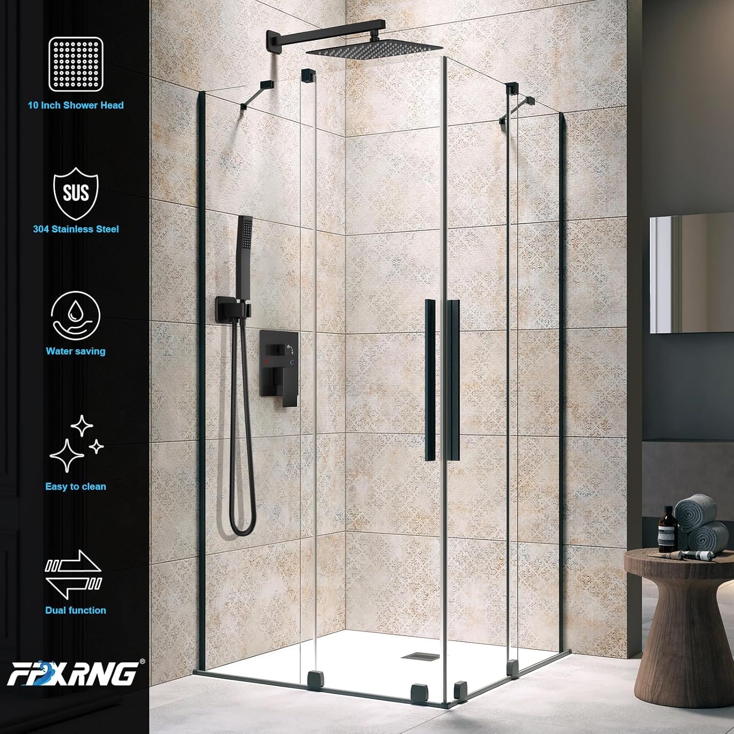 FPXRNG Black Shower Faucet Set, Rainfall Shower System with Square Shower Head and Handle Set, Wall Mounted Shower Fixtures, Full Metal Trim Repair Kit 12 inch Matte Black (With Shower Valve)