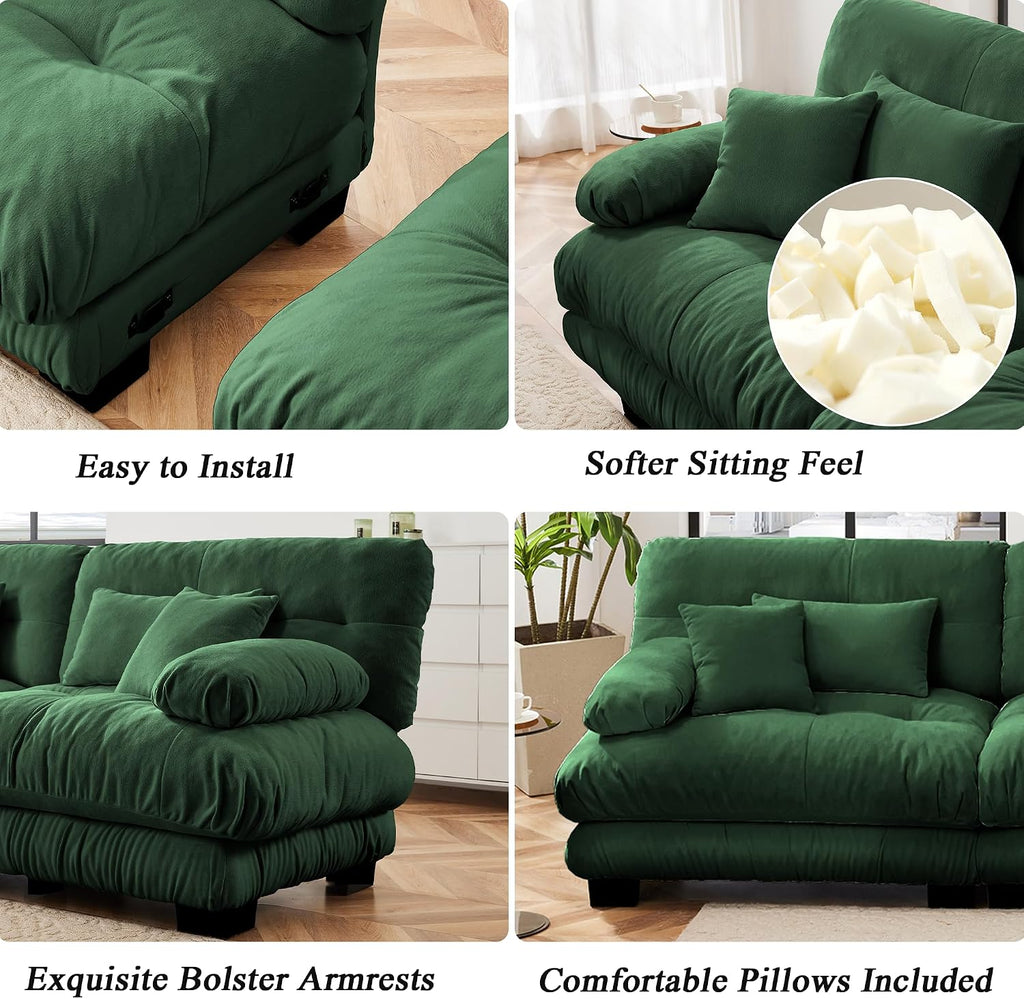 Modular Sectional Sofa, Comfy Cloud Couch Oversized Loveseat with Ottoman, Sectional Couches for Living Room, Modern Chenille L Shaped Couch, Sleeper Deep Seat Sofa with Throw Pillows, Green