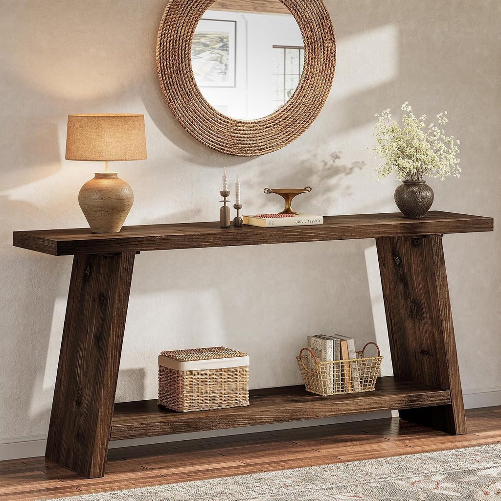 70.9'' Solid Wood Console Table, Narrow Long Sofa Table Behind Couch with 2-Tier Storage, Farmhouse Entryway Table for Living Room, Hallway, Foyer, Espresso Brown