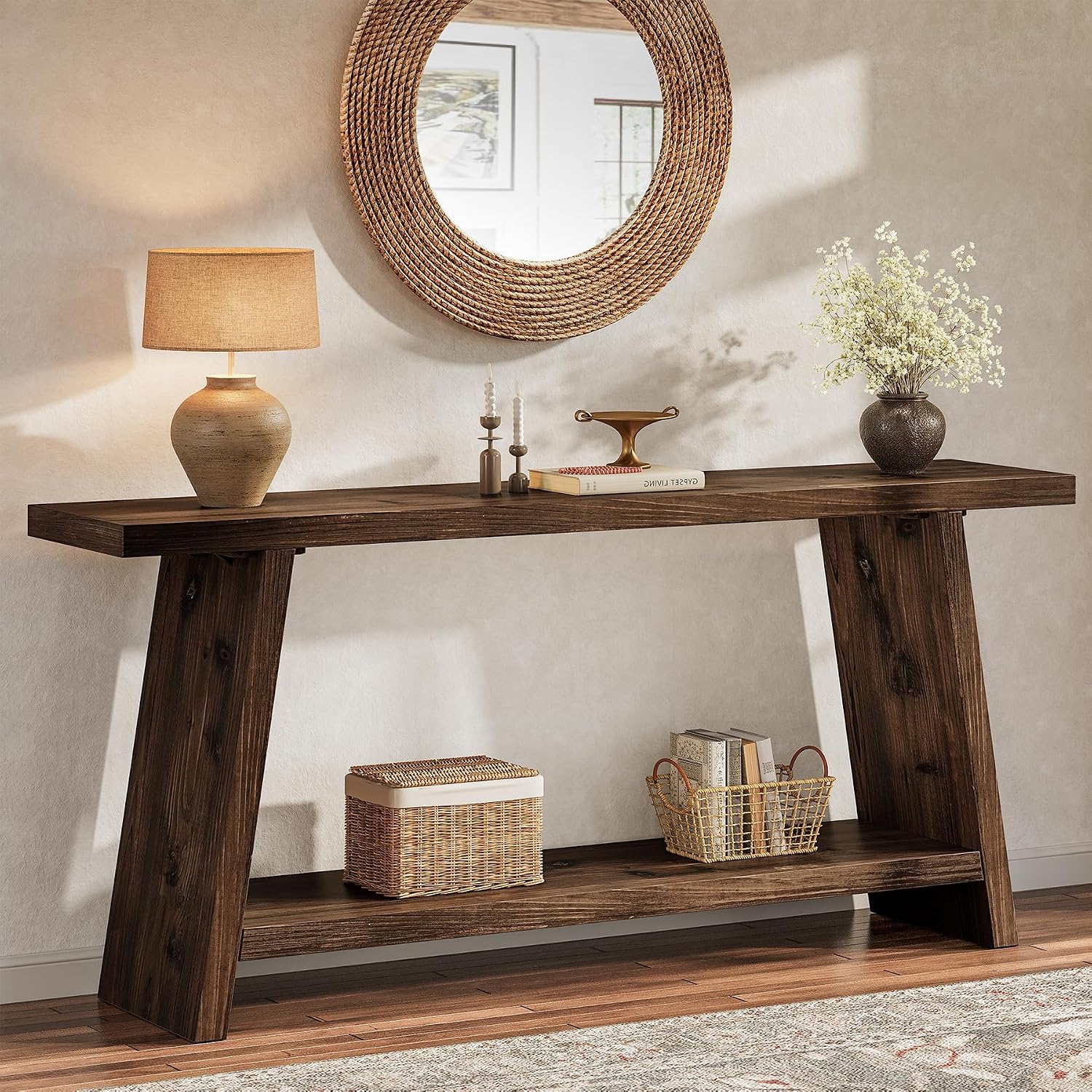 70.9'' Solid Wood Console Table, Narrow Long Sofa Table Behind Couch with 2-Tier Storage, Farmhouse Entryway Table for Living Room, Hallway, Foyer, Espresso Brown