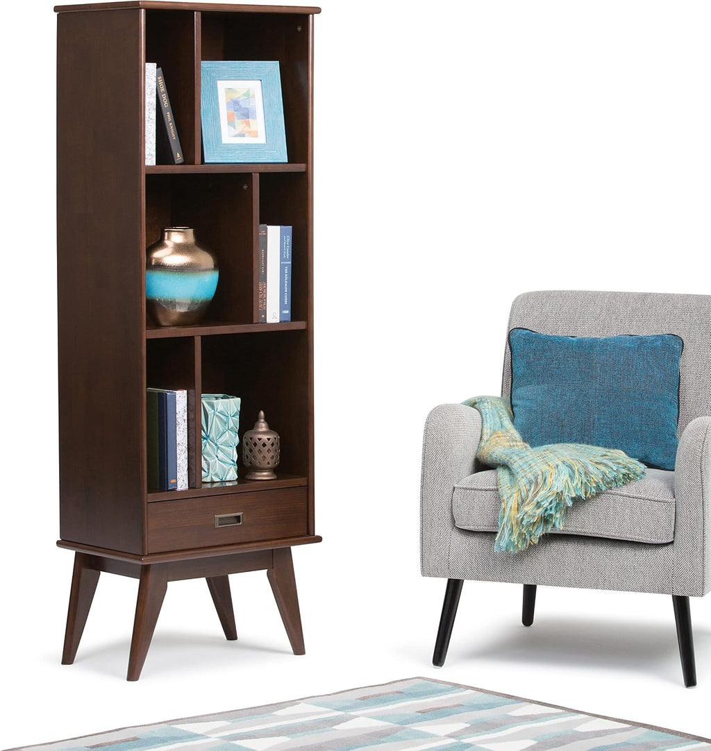 SIMPLIHOME Draper Bookcase - 64 inch Tall Solid Wood Storage Bookshelf in Medium Auburn Brown, Mid-Century Modern Storage for Living Room, Study or Office with Adjustable Shelves and Angled Legs
