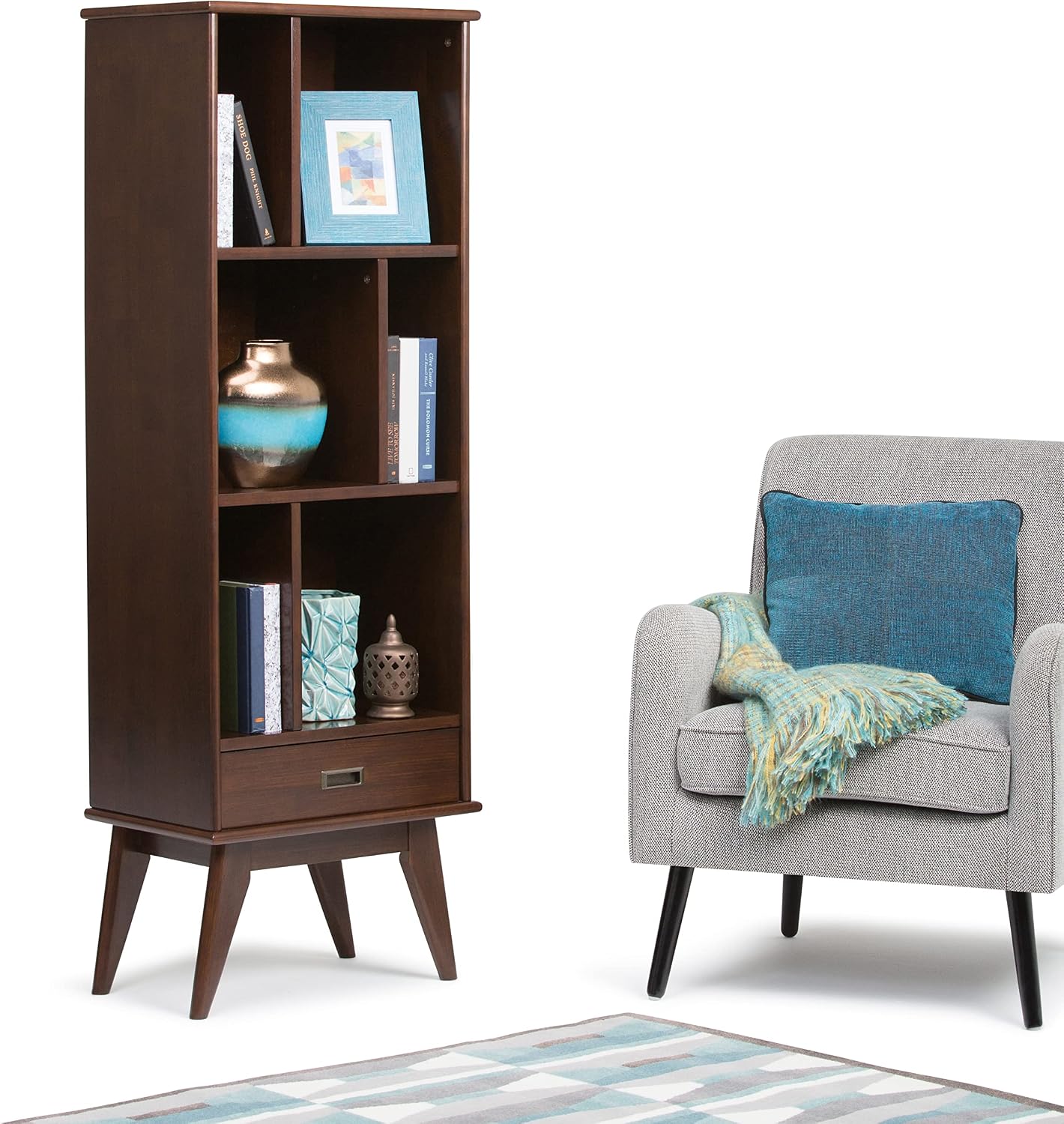 SIMPLIHOME Draper Bookcase - 64 inch Tall Solid Wood Storage Bookshelf in Medium Auburn Brown, Mid-Century Modern Storage for Living Room, Study or Office with Adjustable Shelves and Angled Legs