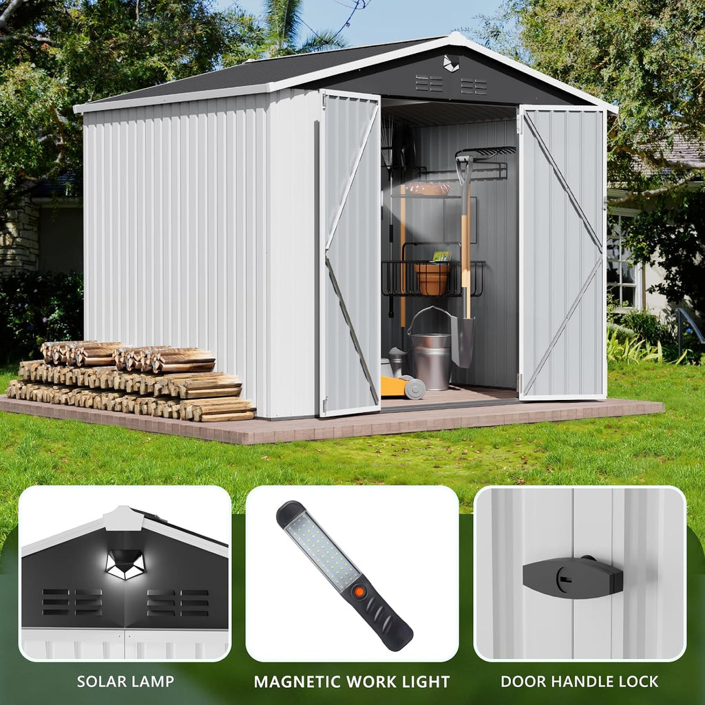 Metal Storage Shed,10x8 Outdoor Storage Building,Large Backyard Sheds with Lockable Doors,Waterproof Outside Storage Sheds，White