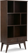 SIMPLIHOME Draper Bookcase - 64 inch Tall Solid Wood Wide Storage Bookshelf in Medium Auburn Brown, Mid-Century Modern Storage for Living Room or Office with Adjustable Shelves and Tapered Legs