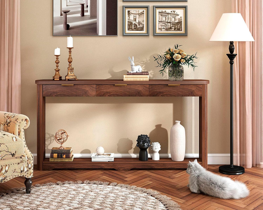 Rovibek Entryway Table with Drawers, 70 Inch Fluted Walnut Console Table with Storage, Narrow Sofa Tables Behind the Couch, Entry Tables for Living Room, Hallway, Entrance, Foyer