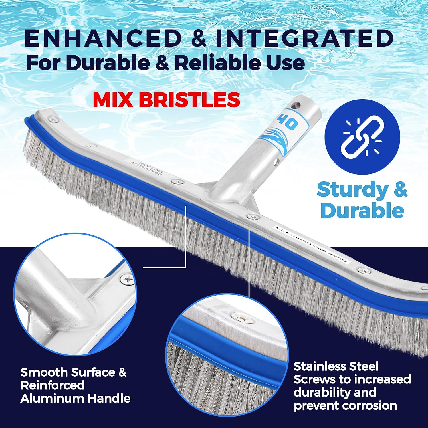 440 Combo Nylon and Stainless Steel Pool Brush - 18-Inch Heavy Duty Head for Cleaning Inground Pool Tiles, Walls, Floor and Steps - Scrub Brush Replacement Head, Strong Bristles - No Pole - Pack of 12