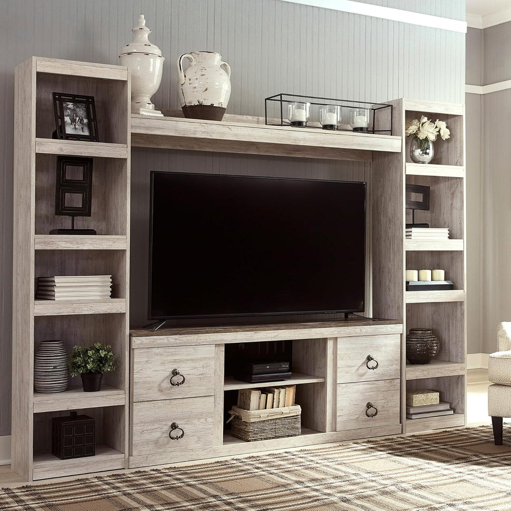 Signature Design by Ashley Willowton Farmhouse 4-Piece Entertainment Center for TVs up to 69' with Adjustable Shelves, Whitewash