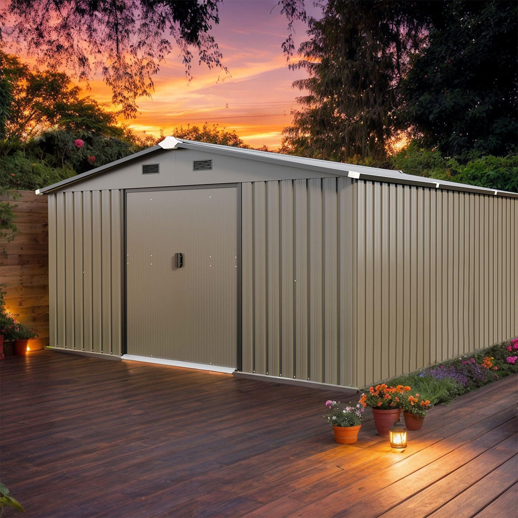 10x12 FT Outdoor Metal Storage Shed, Heavy Duty Galvanized Steel Garden Shed with Lockable Door, Vents, Windows, Waterproof UV-Resistant Tool Storage for Backyard, Patio