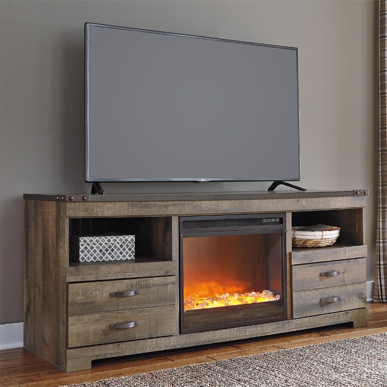 Signature Design by Ashley Trinell 63' TV Stand with Electric Fireplace, Rustic Wood Look Media Console with LED Flame Insert, Storage Drawers and Remote‑Controlled Heat for Warmth
