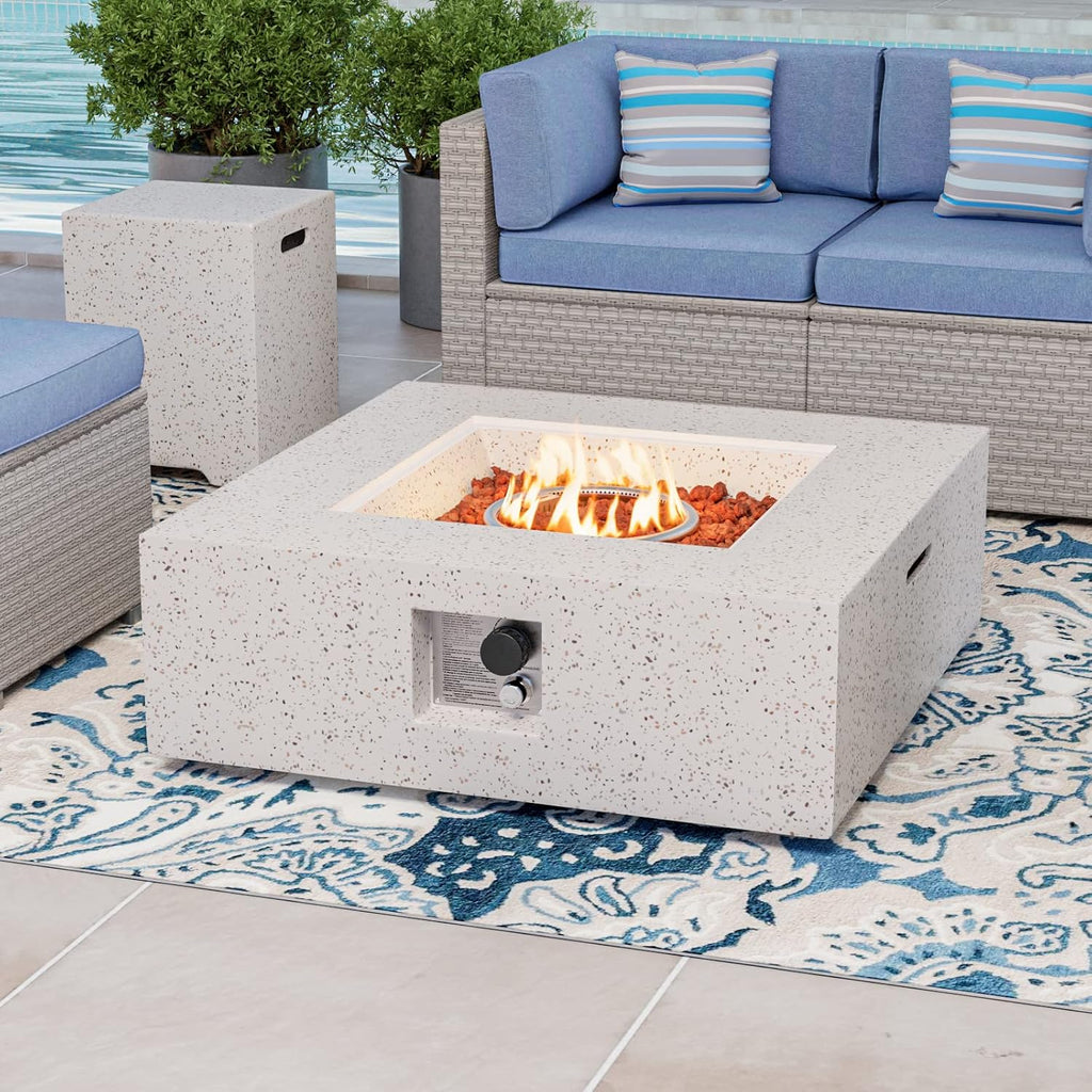COSIEST 2-Piece Outdoor Propane Fire Pit Table Set w Tank, Beige Faux Stone 35 inch Square Fire Table w Certified, 50,000 BTU Stainless Steel Burner, w 20lb Hideway Tank Cover for Garden, Porch