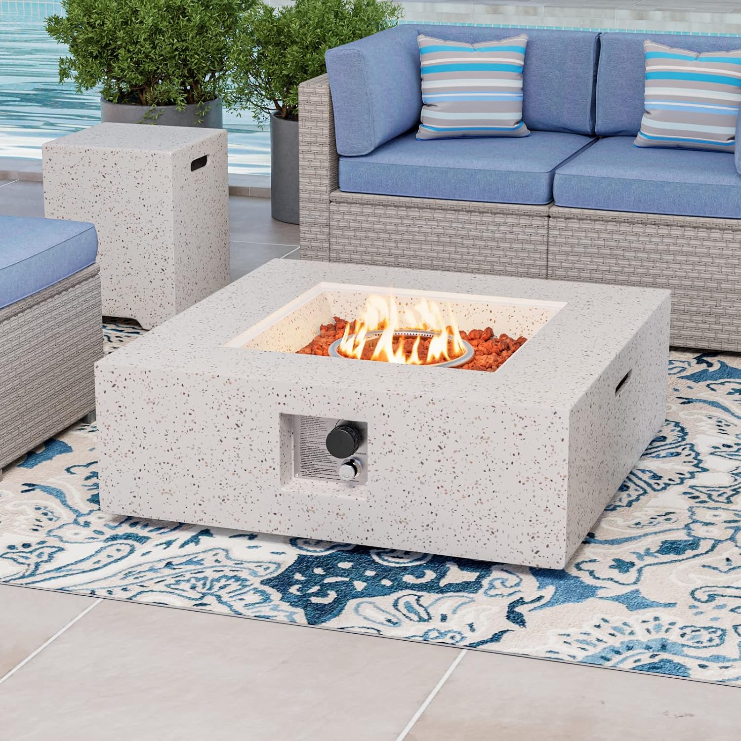 COSIEST 2-Piece Outdoor Propane Fire Pit Table Set w Tank, Beige Faux Stone 35 inch Square Fire Table w Certified, 50,000 BTU Stainless Steel Burner, w 20lb Hideway Tank Cover for Garden, Porch