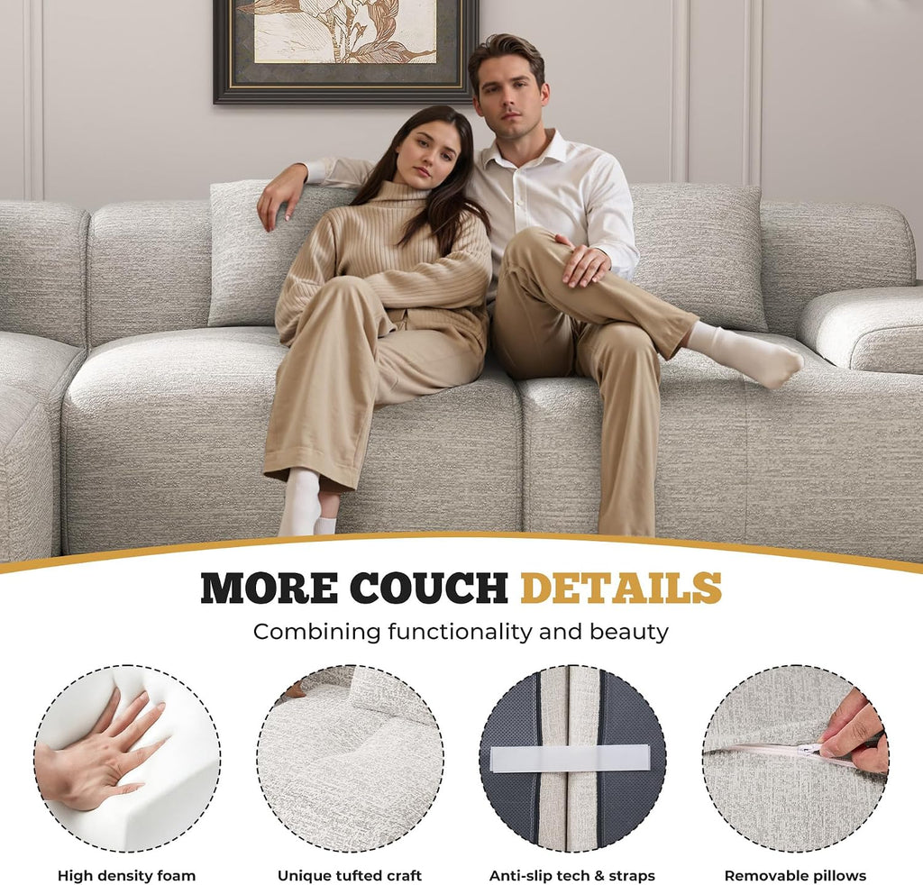 158' U Shaped Boneless Couches for Living Room, 6 Seater Modern Chenille Cloud Couch, Convertible Modular Sectional Sofa Set, No Assembly Required, Beige 1 PCS