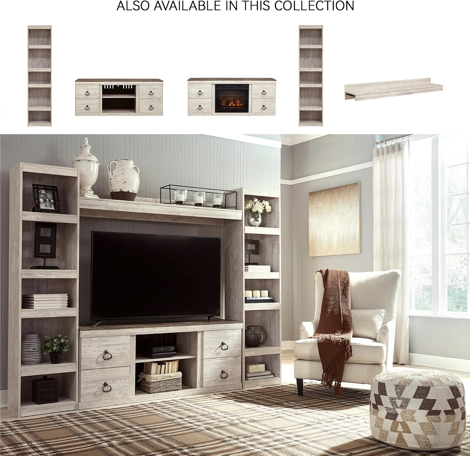 Signature Design by Ashley Willowton Farmhouse 4-Piece Entertainment Center for TVs up to 69' with Adjustable Shelves, Whitewash