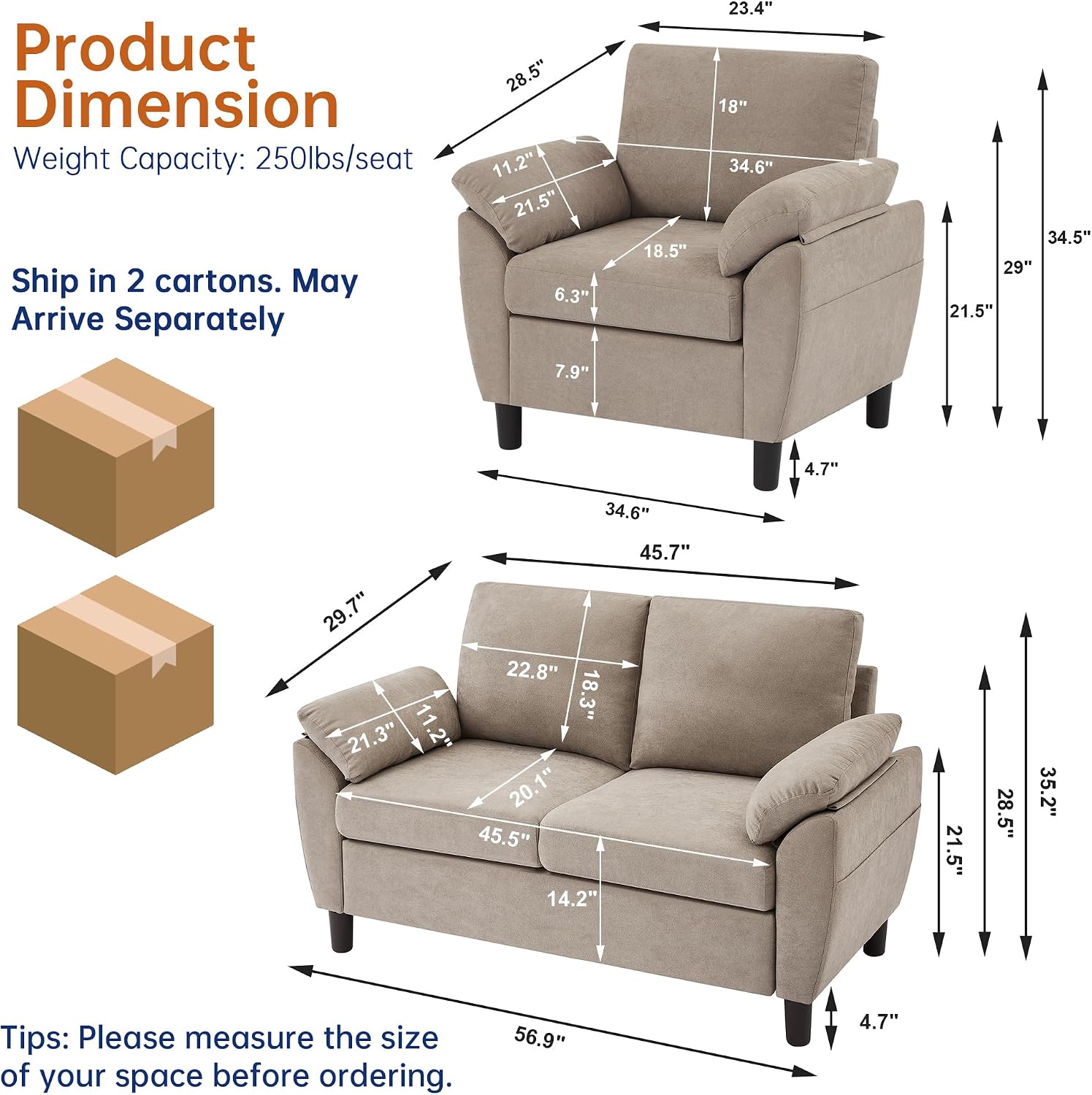 2 Pieces Sectional Sofa Set, 57' Loveseat and 35' Accent Chair, Linen Upholstered Armchair and 2-Seat Loveseat Sofa Set, Couches for Living Room, Apartment, Beige