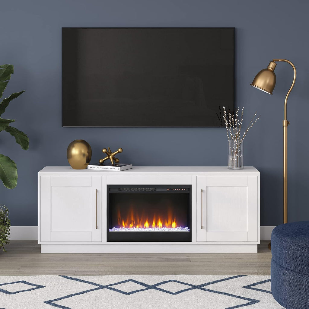 Henn&Hart TV Stand for TVs up to 75' with 26' Electric Crystal Rocks Fireplace for Living Room, Family Room, or Office, Cloud White
