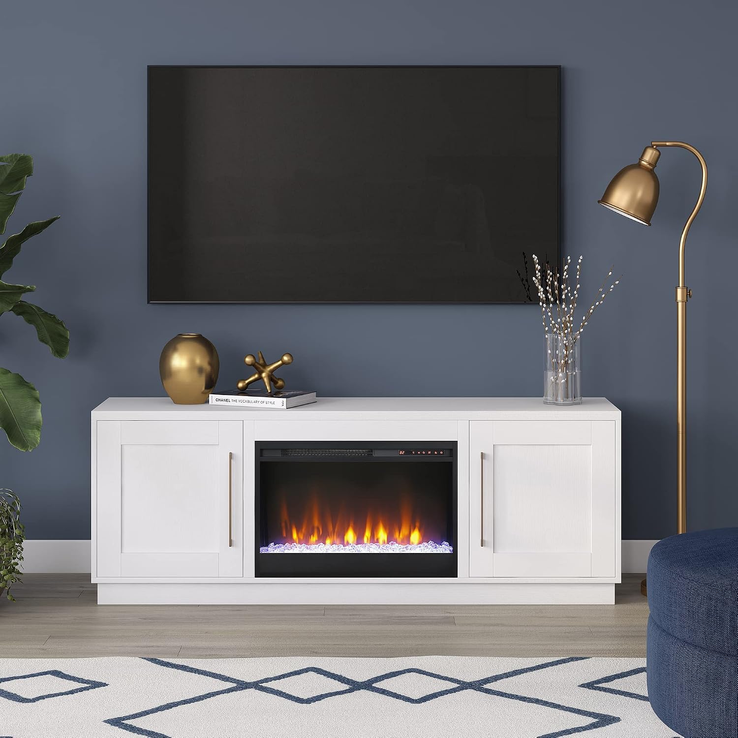 Henn&Hart TV Stand for TVs up to 75' with 26' Electric Crystal Rocks Fireplace for Living Room, Family Room, or Office, Cloud White