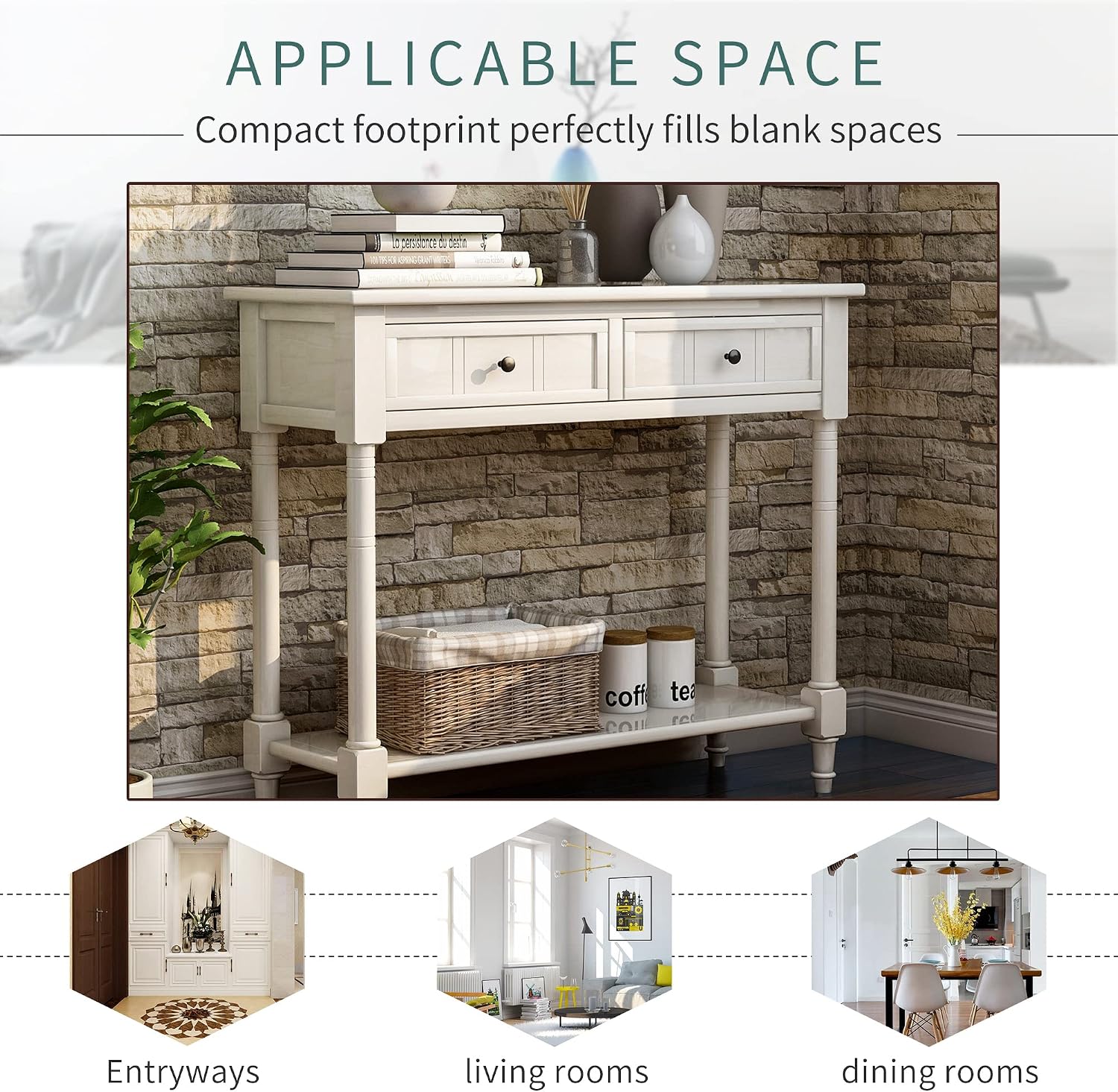 Merax Wood Sofa Table Console Table,Entryway Table Traditional Design with Two Drawers and Bottom Shelf for Living Room,Hallway,Dining Room,Lvory White