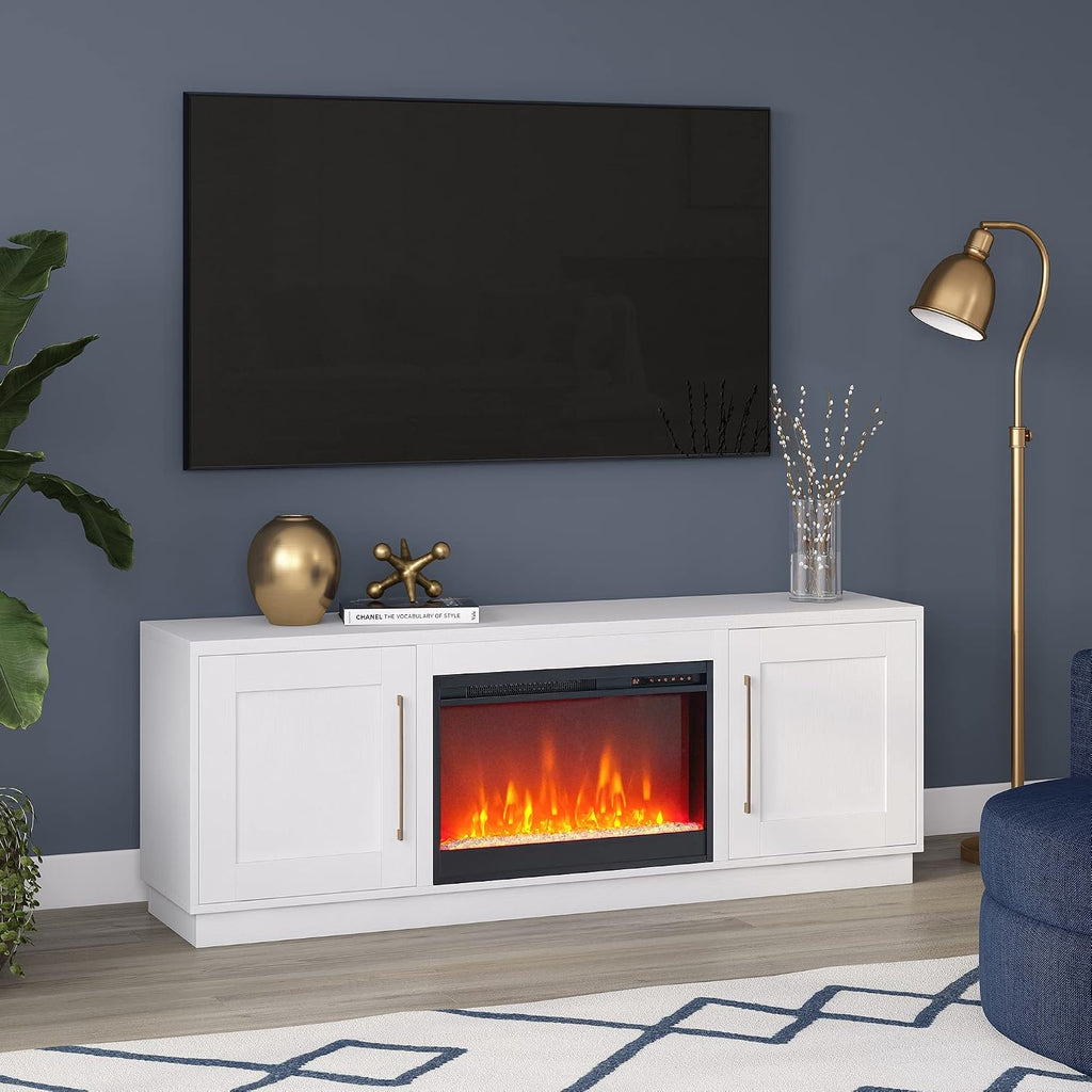 Henn&Hart TV Stand for TVs up to 75' with 26' Electric Crystal Rocks Fireplace for Living Room, Family Room, or Office, Cloud White