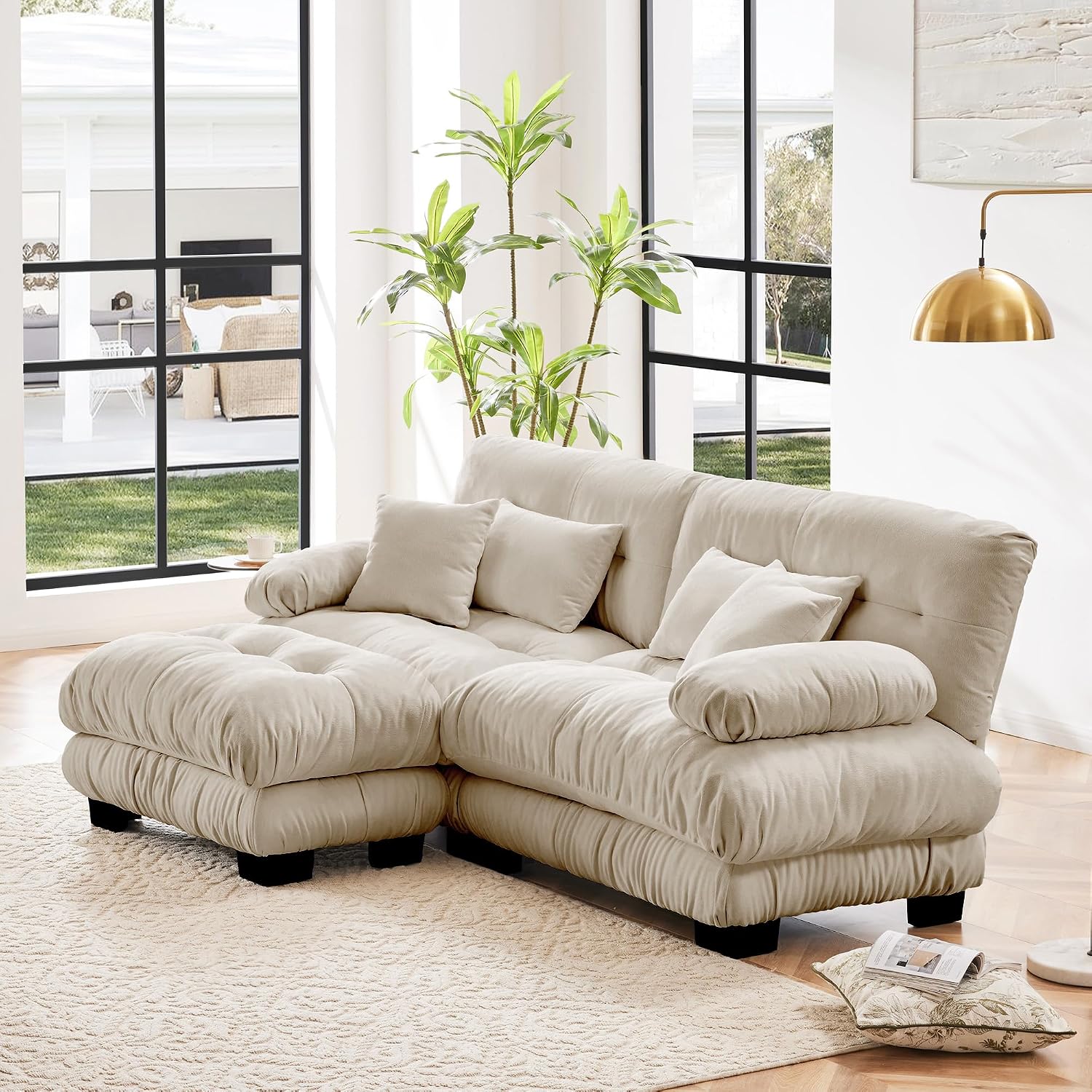 Modular Sectional Sofa, L Shaped Couch with Ottoman, 2 Seater Cloud Couch Small Couches for Small Spaces, Modern Deep Seat Sofa Living Room Oversized Loveseat W/Bolster Armrests 4 Pillows