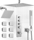 VEVOR Shower Faucet Set, 16 Inch Thermostatic Ceiling Mount Rainfall Shower System with 6 Inch Wall Mount Head, 6 Body Jets and Handheld Spray, Dual Rain Head Brass Valve and Trim Kit, Brushed Nickel