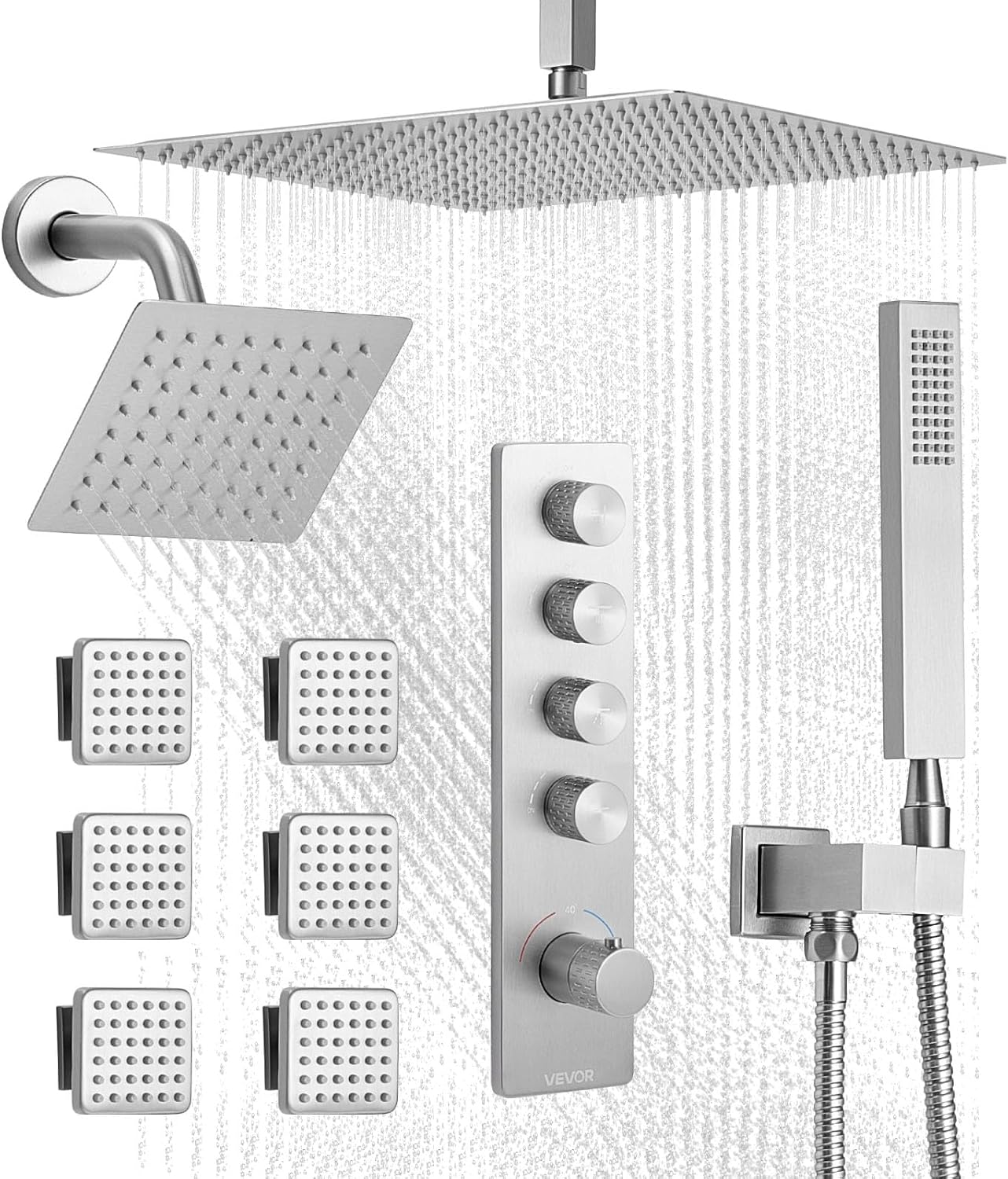 VEVOR Shower Faucet Set, 16 Inch Thermostatic Ceiling Mount Rainfall Shower System with 6 Inch Wall Mount Head, 6 Body Jets and Handheld Spray, Dual Rain Head Brass Valve and Trim Kit, Brushed Nickel