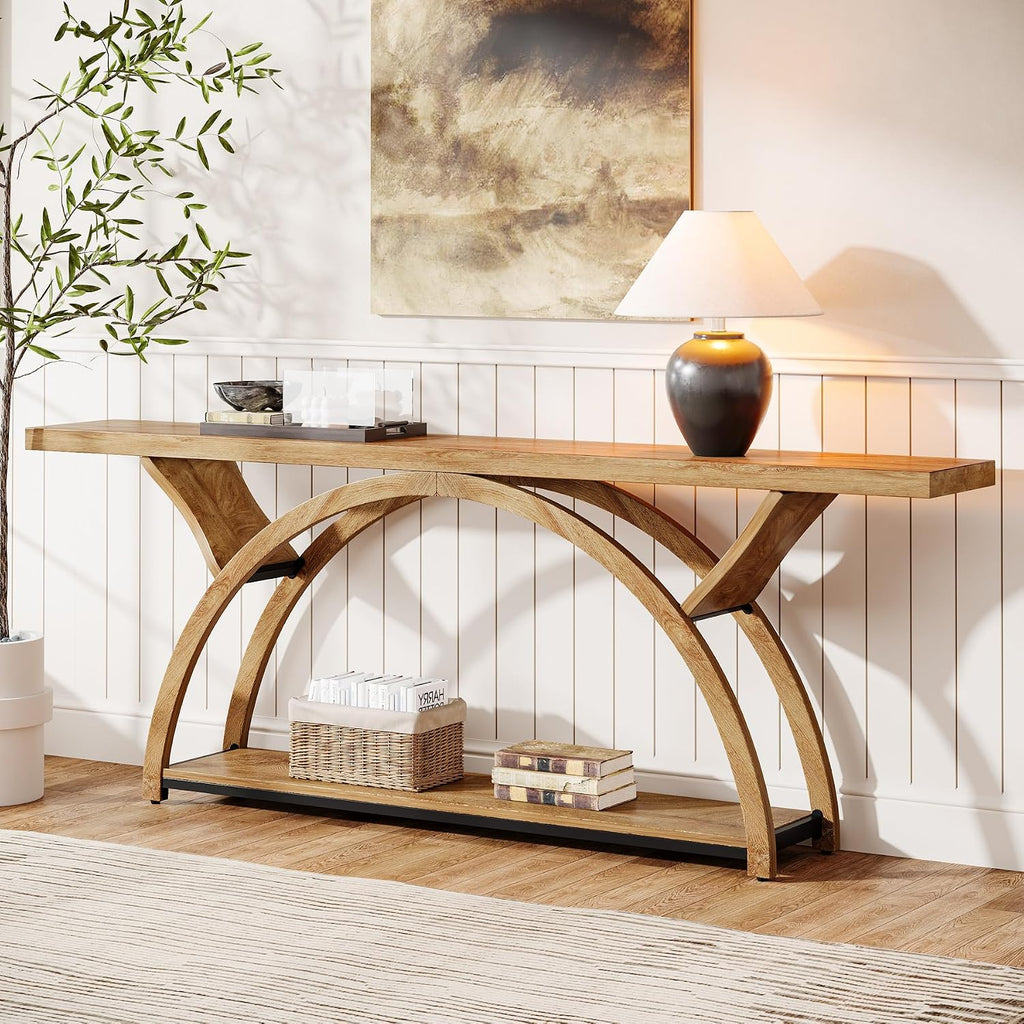 Tribesigns 70.87' Console Table, Industrial Sofa Table Behind Couch with 2 Tiers of Storage Shelves for Living Room, Hallway, Entrance, Foyer (Light Brown)