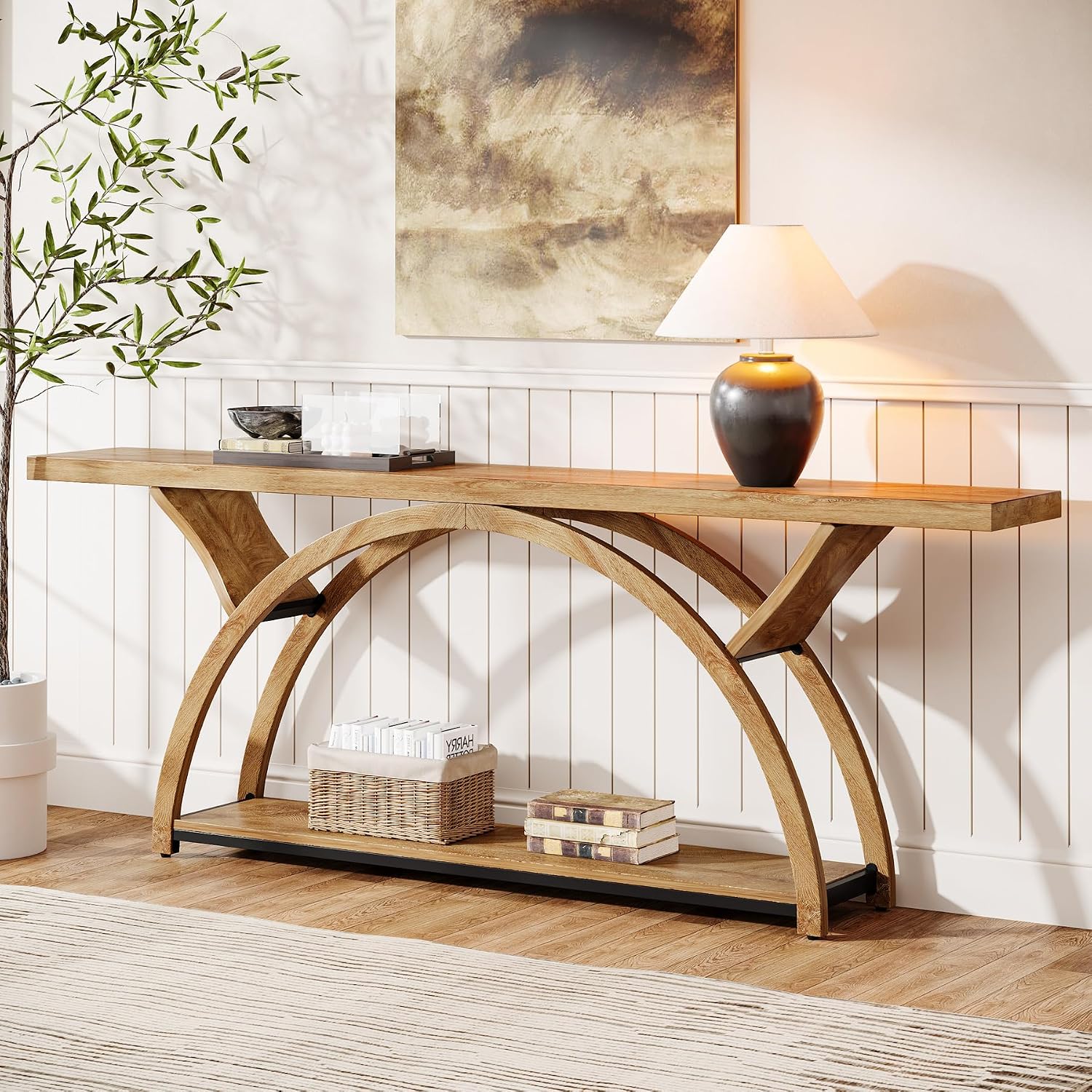 Tribesigns 70.87' Console Table, Industrial Sofa Table Behind Couch with 2 Tiers of Storage Shelves for Living Room, Hallway, Entrance, Foyer (Light Brown)