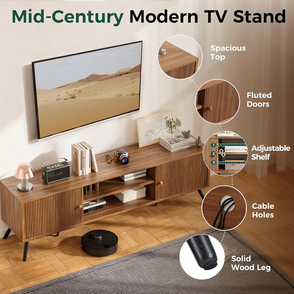 COMHOMA TV Stand for Living Room, Mid Century Modern Entertainment Center for 55/60/65 Inch TVs, Retro Brown TV Console with Fluted Door Cabinets and Open Adjustable Shelve Storage for Bedroom (59In)