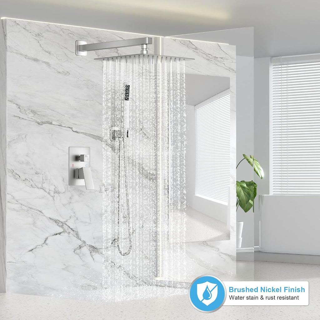 FPXRNG Shower Faucet Set Bathroom Square Rain Shower Head and Handle Set, Wall Mounted Shower Fixtures, Full Metal Trim Repair Kit 12 inch Brushed Nickel (With Shower Valve)