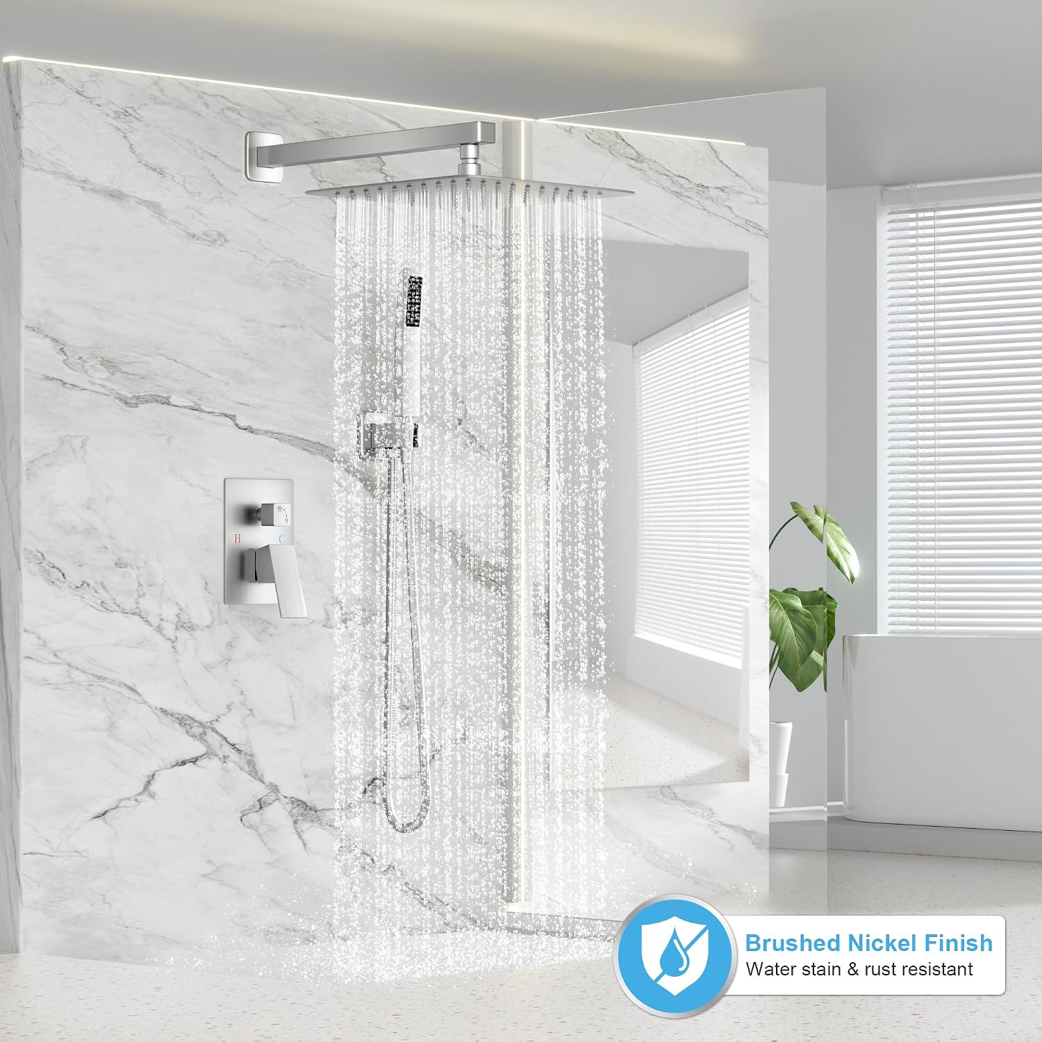 FPXRNG Shower Faucet Set Bathroom Square Rain Shower Head and Handle Set, Wall Mounted Shower Fixtures, Full Metal Trim Repair Kit 12 inch Brushed Nickel (With Shower Valve)