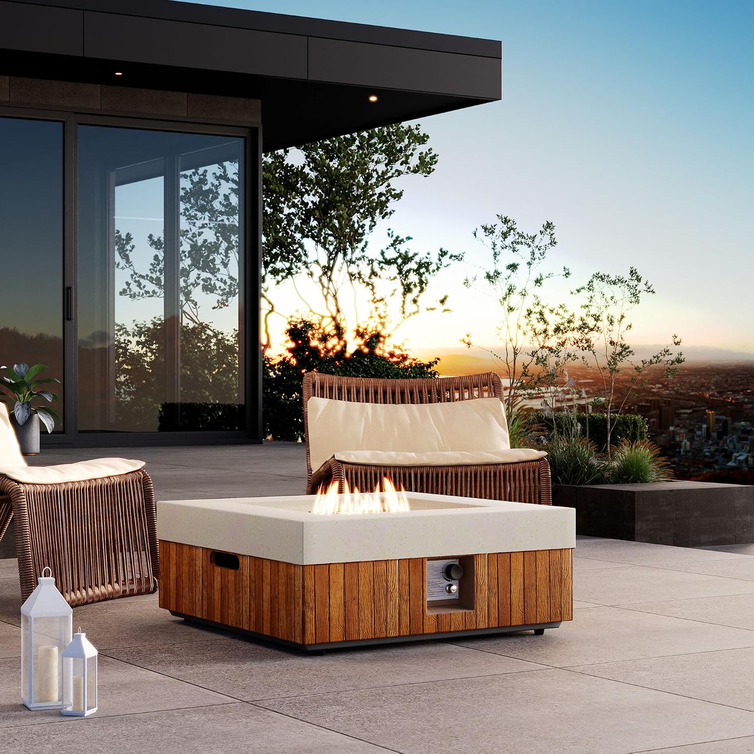 COSIEST 28' Outdoor Propane Fire Pit Table, Small Square Gas Fire Pit Table with Concrete & Log Wood Grain Design, 50000BTU Fire Tables for Patio, Backyard, Garden Heating