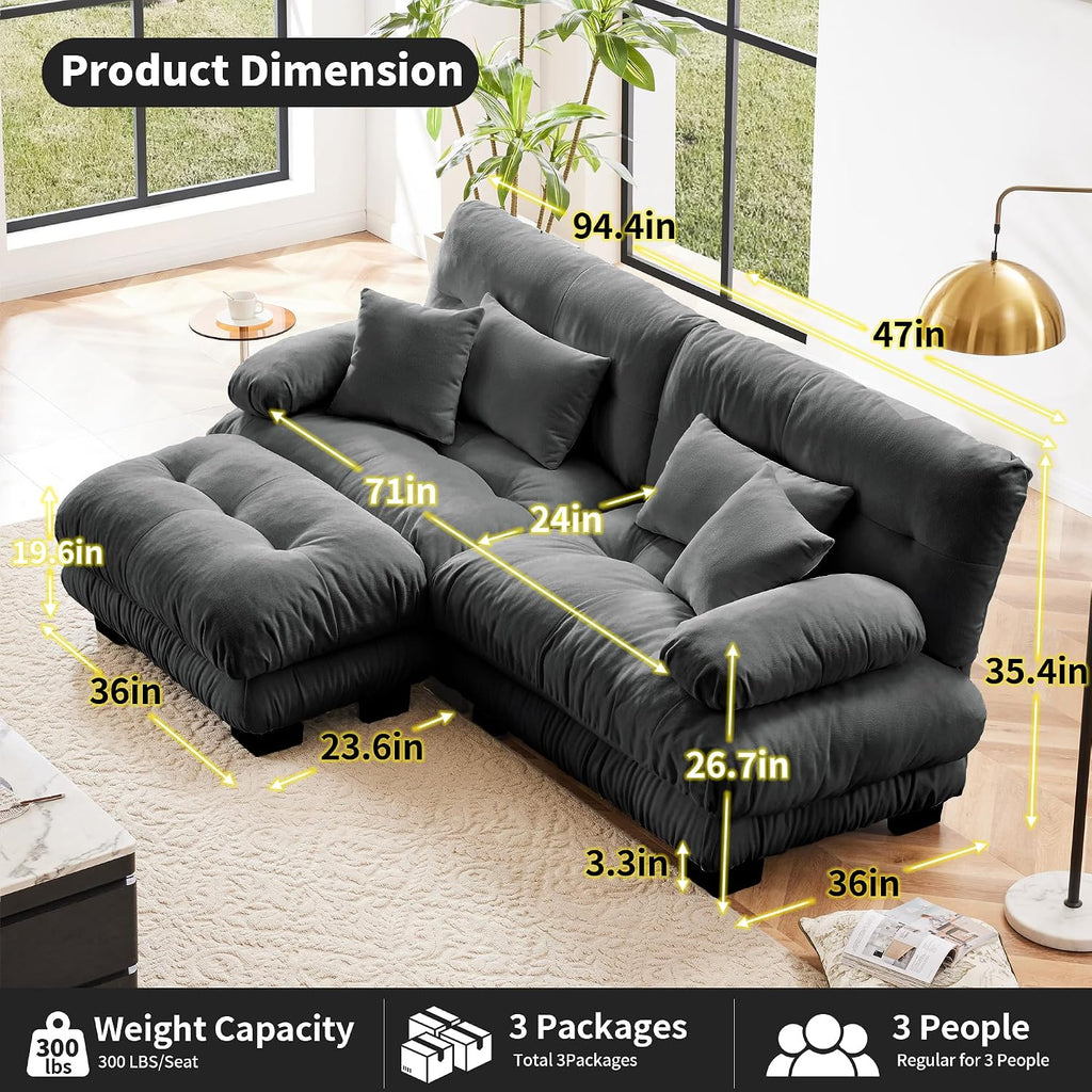 Loveseat Modular Sectional Sofa, Modern L Shaped Couch with Ottoman, Oversized Deep Seat Sectional Couches for Living Room, Comfy Chenille Cloud Couch with 4 Pillows, Loveseat Sofa for Bedroom