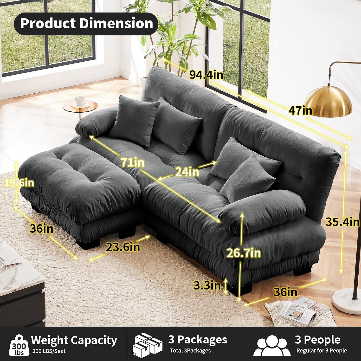 Loveseat Modular Sectional Sofa, Modern L Shaped Couch with Ottoman, Oversized Deep Seat Sectional Couches for Living Room, Comfy Chenille Cloud Couch with 4 Pillows, Loveseat Sofa for Bedroom