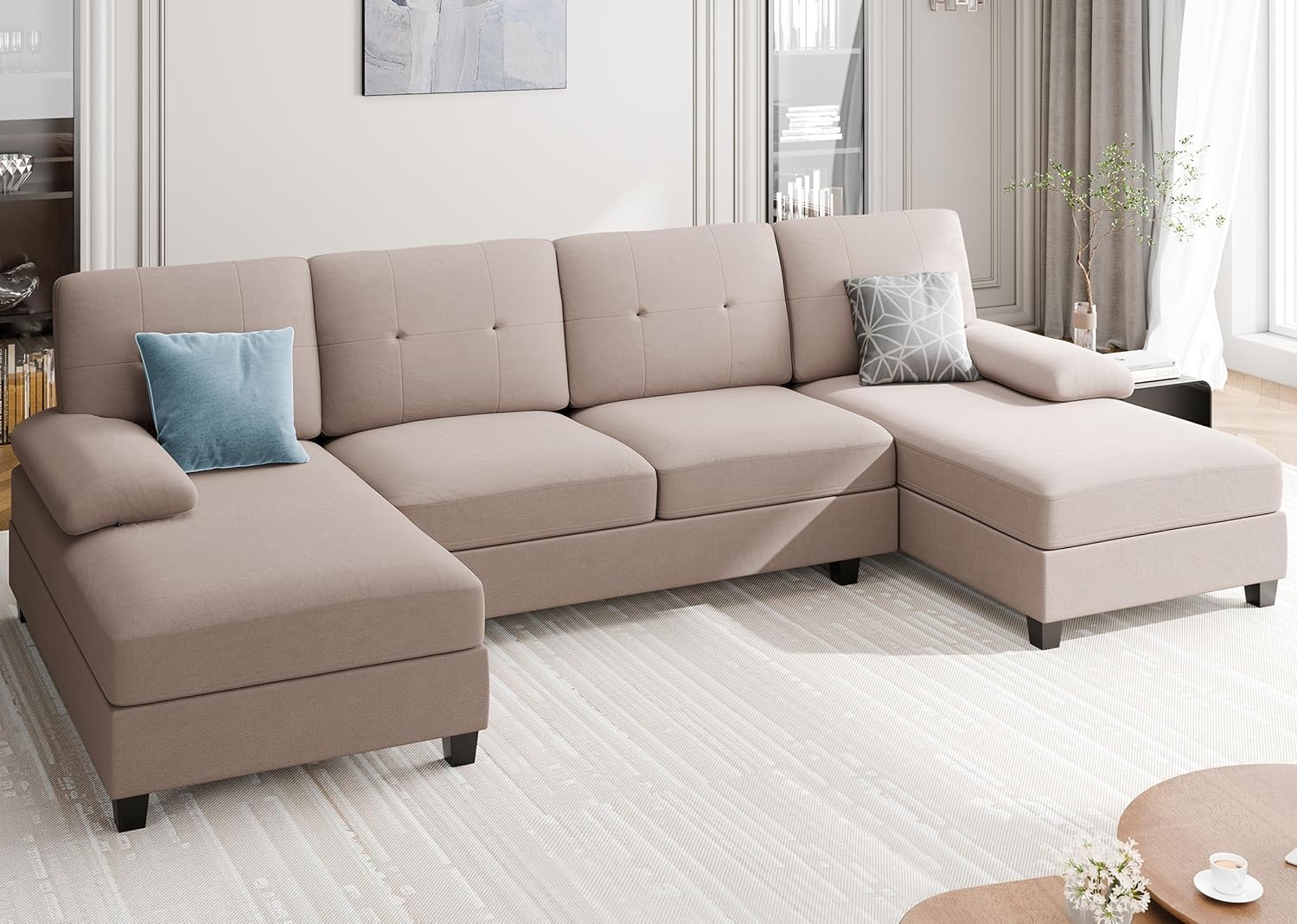 Sectional Couches for Living Room, 106 in U Shaped Couches for Living Room, 4 Seat Sofa with Armrest, Sectional Couch for Apartment, Beige