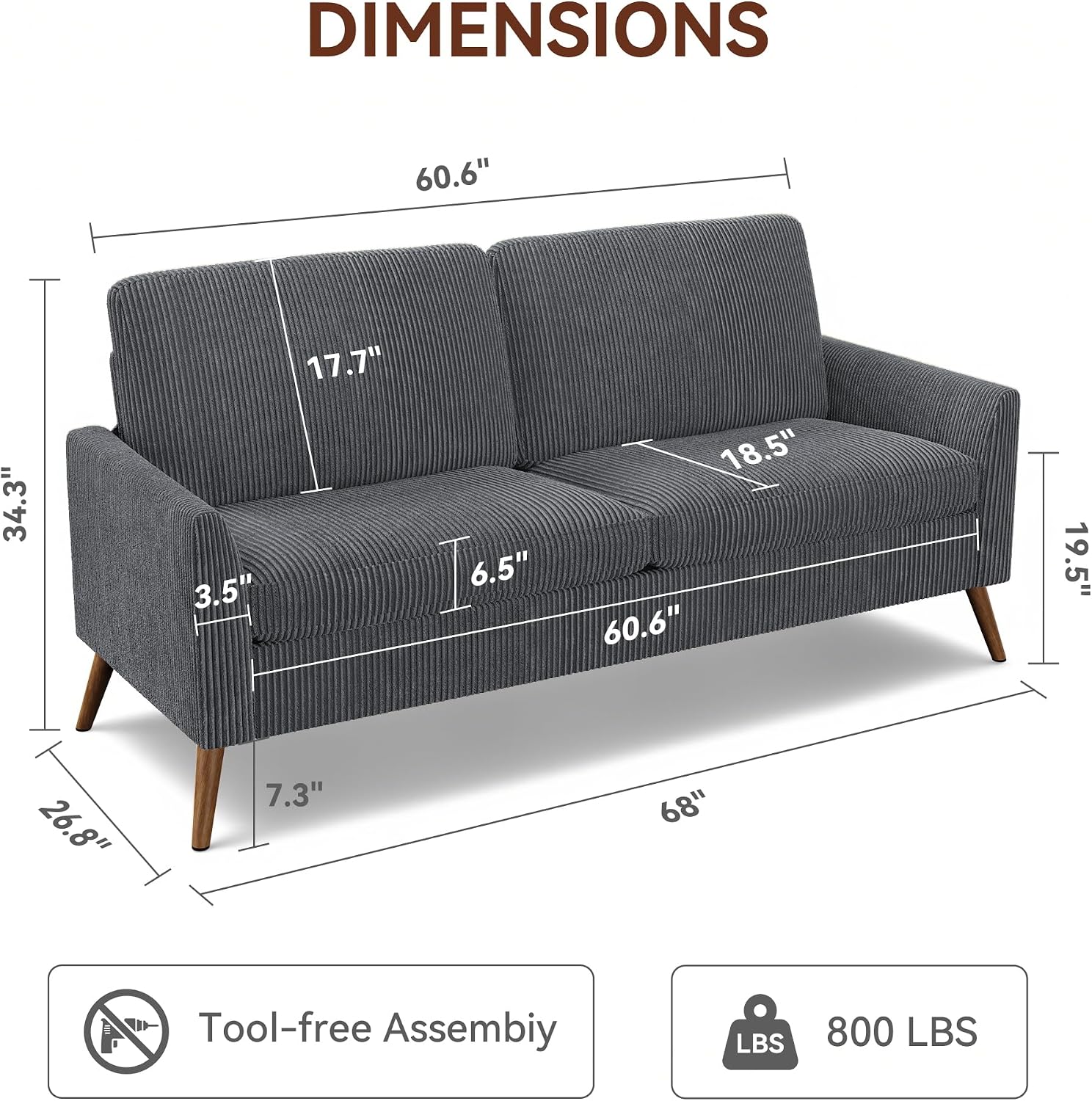 Vipbear 68' Loveseat Sofa - Dark Grey, Comfy Corduroy with Spring Cushion, Solid Wood Frame, Modern Deep Seat, Bedroom & Living Room, Office Small Couch