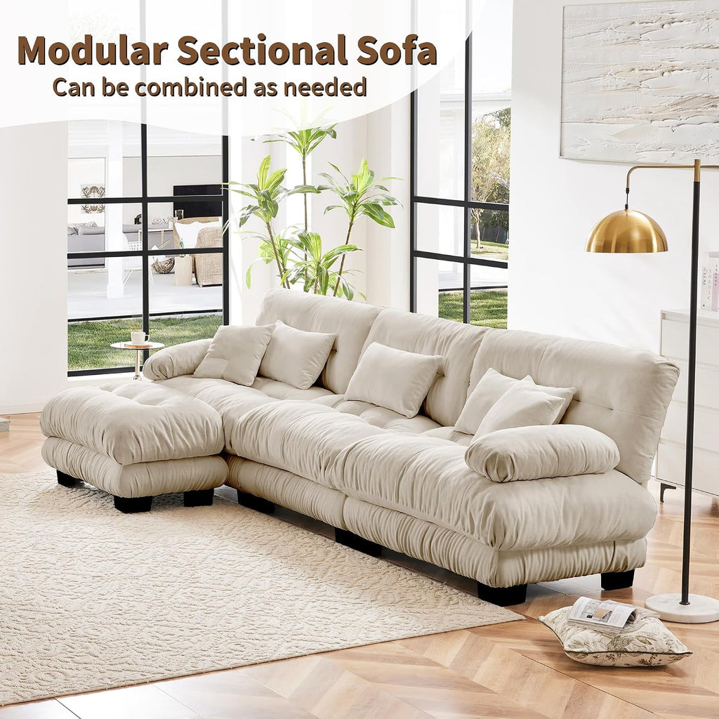 Modular Sectional Sofa 133.8' Cloud Couch, L Shaped Couch with Movable Ottoman, Modern Deep Seat Couches for Living Room, Oversized 3-Seater Sofa Comfy Chenille Sofas for Bedroom, Light Coffee