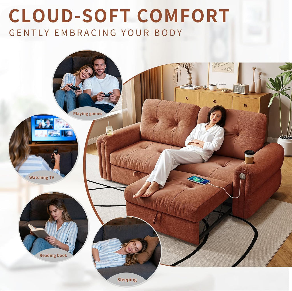 MAKIAAP Sleeper Sofa Bed, Queen Size Sofa Bed, Convertible Pull Out Couch with Adjustable Backrest, USB Port and Side Pockets, Modern 2 Seater Small Couches for Living Room, Space-Saving
