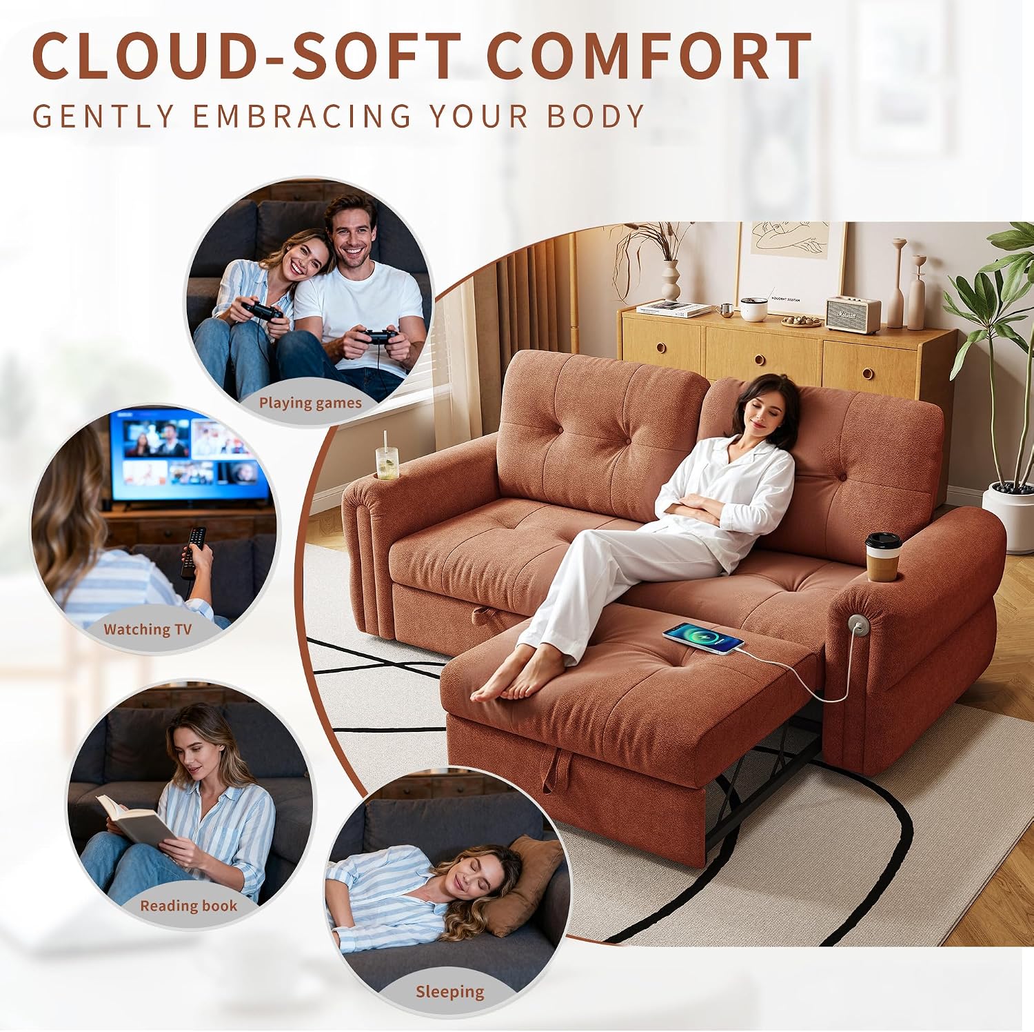 MAKIAAP Sleeper Sofa Bed, Queen Size Sofa Bed, Convertible Pull Out Couch with Adjustable Backrest, USB Port and Side Pockets, Modern 2 Seater Small Couches for Living Room, Space-Saving