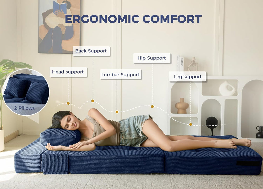 MAXYOYO Convertible Sofa Bed, Fold Out Sleeper Sofa with Pillow, 4 in 1 Tufted Folding Couch Bed Foam Floor Couch, Lazy Chair for Living Room Bedroom Guest Room, Navy