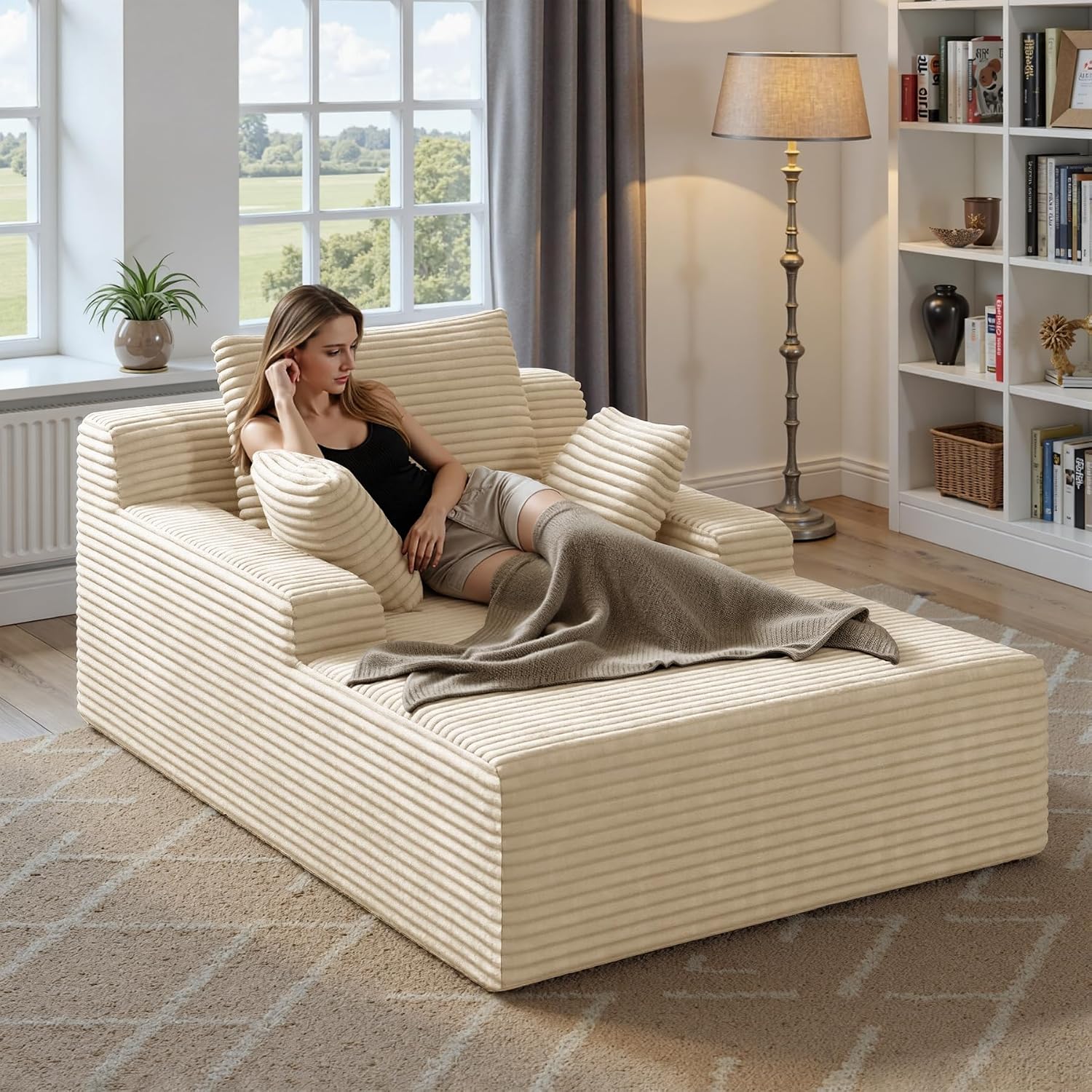 51'' Oversized Chaise Lounge Chair Indoor, Non-Assembly Deep Seat Sofa Bed Corduroy Sleeper Cloud Boneless Couch with 2pcs Pillows for Reading Living Room-Khaki