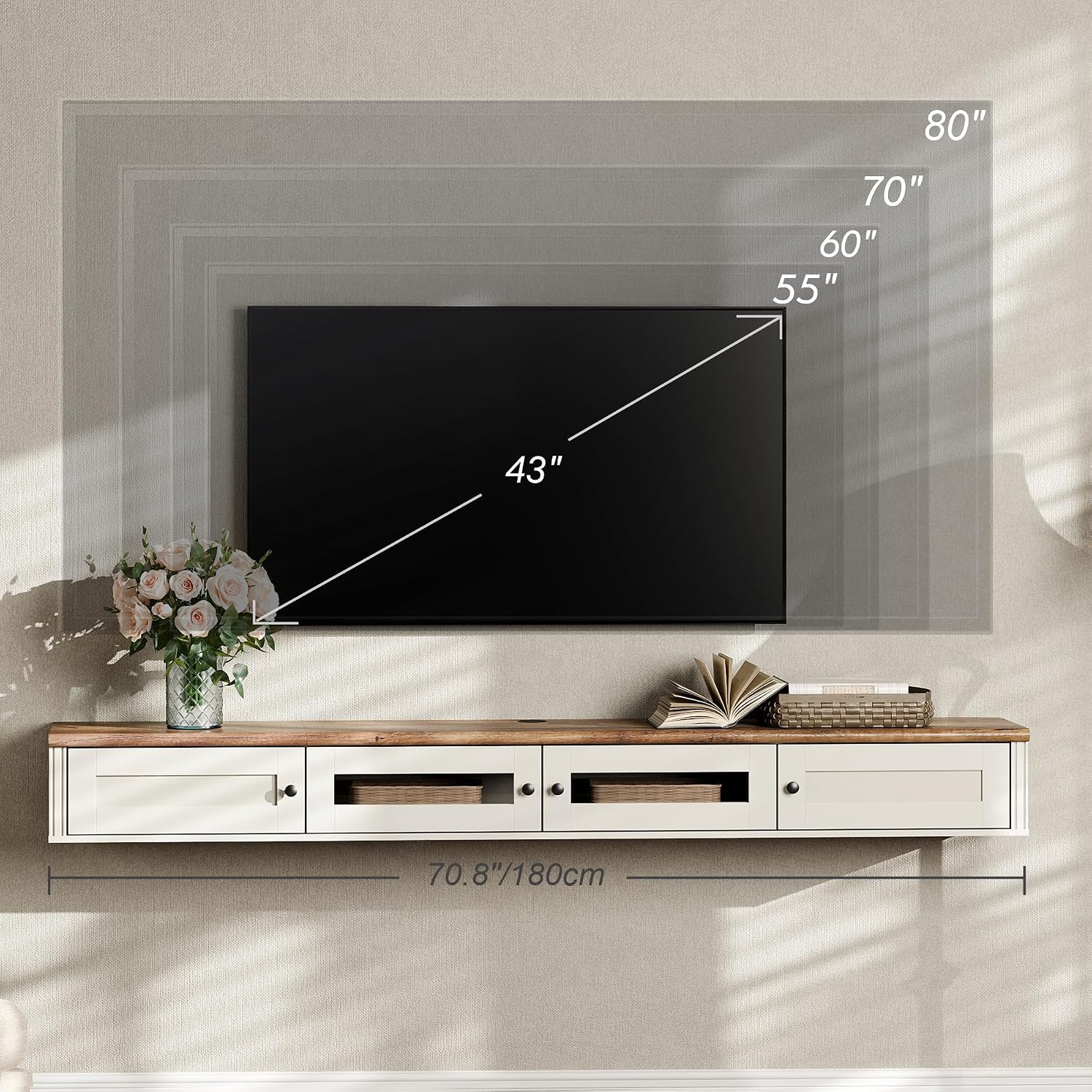 WAMPAT Floating TV Stand for TVs up to 80 Inches, Wooden Wall-Mounted TV Shelf with Charging Station, Modern Floating Entertainment Center for Living Room Decor, White