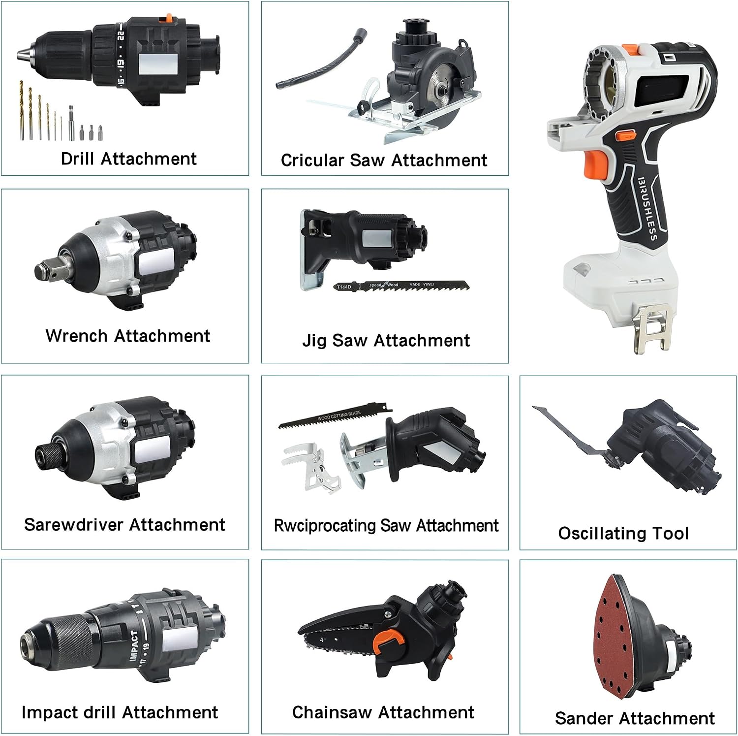20V Cordless Power Tool Set, 10-in-1 Electric Tool Combo Kit with Drill, Chainsaw, Impact Driver, Oscillating Tool & Sander, 2×4.0Ah Batteries and Charger for Gardens