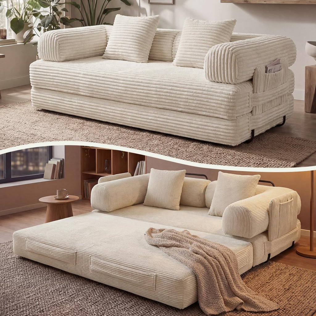 79' Sofa Bed Convertible Boneless Couch Corduroy Modular Couch Bed with Fixed-Shape Frame & Removable Armrests for Living Room, Bedroom (White)