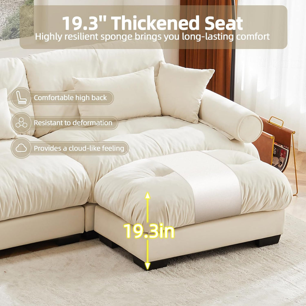 93.7' Loveseat Sofa Modular Sectional Sofa, 2 Seater Modern Cloud L Shaped Couch, Oversized Sectional Couches for Living Room, Comfy Velvet Sofas Deep Seat Couch with 4 Pillows, Cream