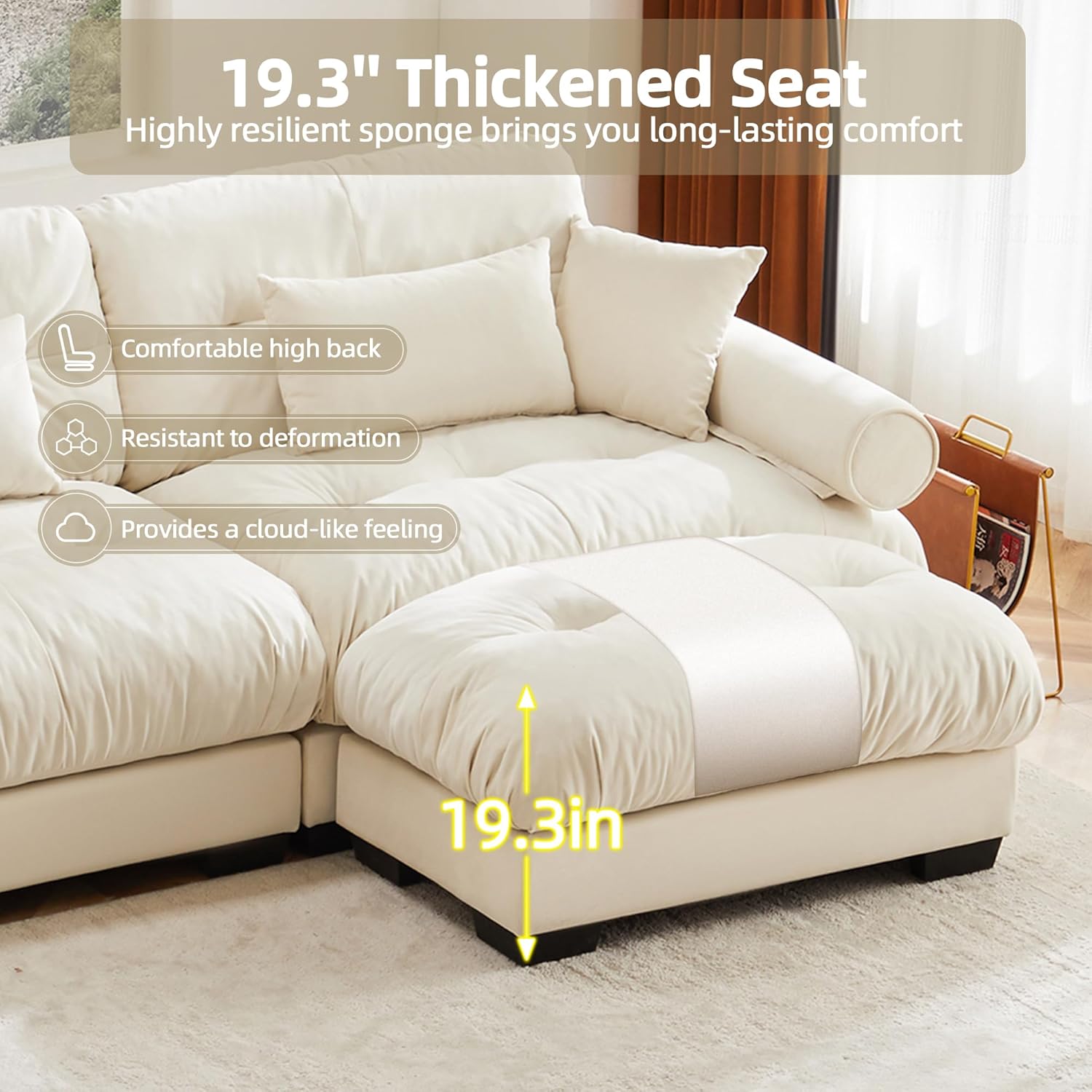 93.7' Loveseat Sofa Modular Sectional Sofa, 2 Seater Modern Cloud L Shaped Couch, Oversized Sectional Couches for Living Room, Comfy Velvet Sofas Deep Seat Couch with 4 Pillows, Cream